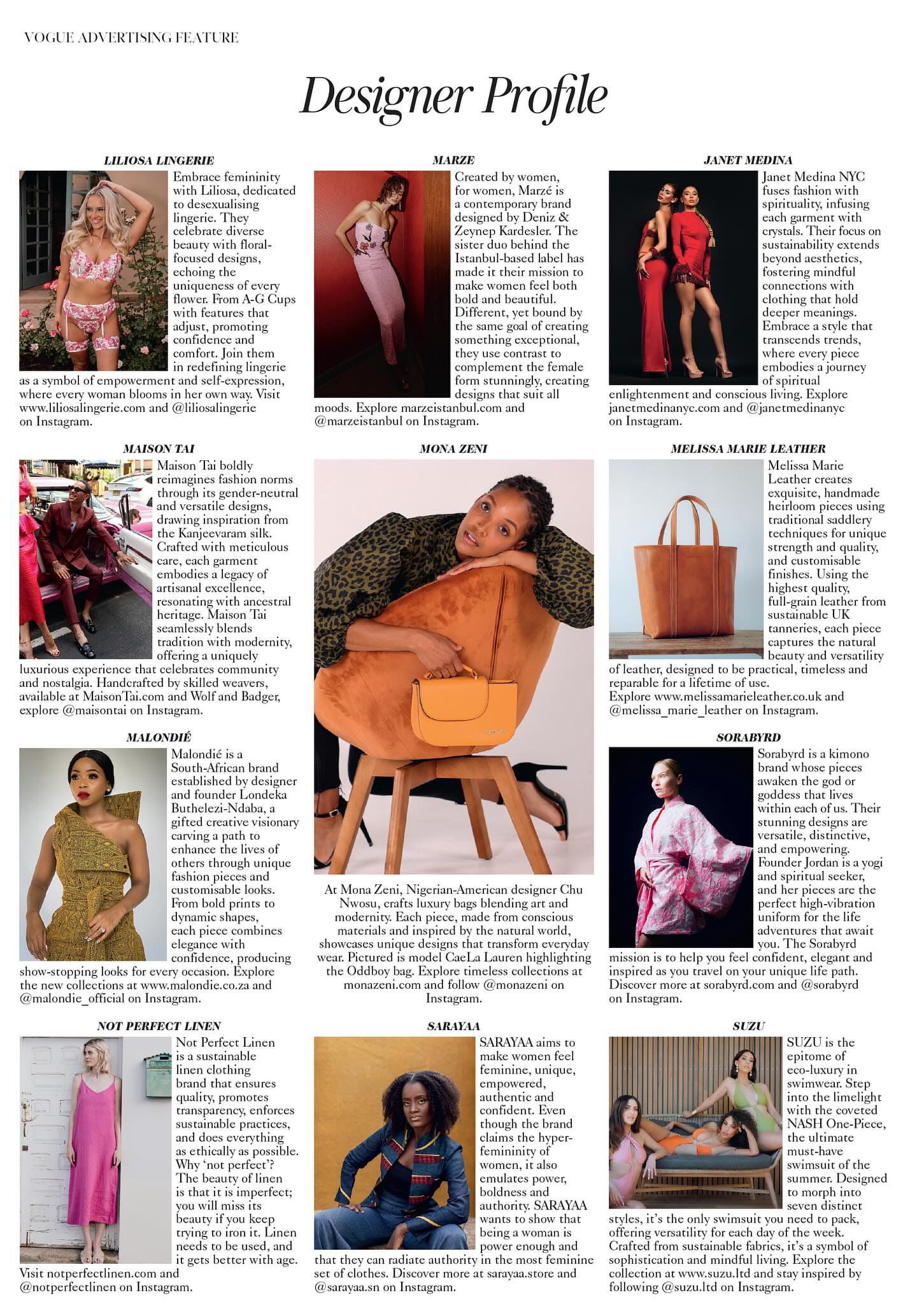 Magazine spread featuring fashion designer profiles with clothing samples, accessories, and editorial layouts in pink and orange tones.