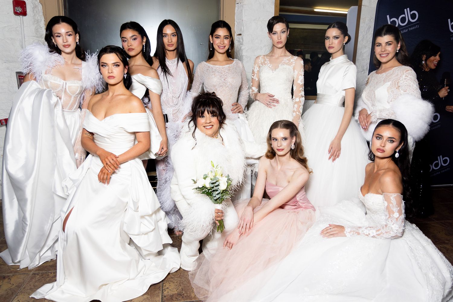 A collage of wedding fashion photos showing multiple white dresses and formal attire in an elegant setting.