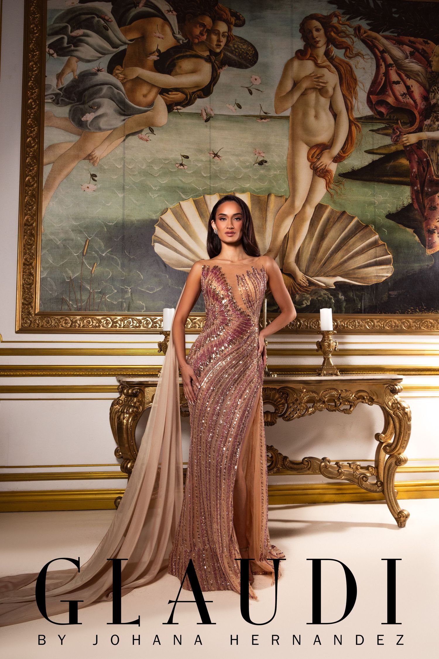 GLAUDI by Johana Hernandez rose gold sequin gown with sheer cape, modeled before Botticelli's Birth of Venus.