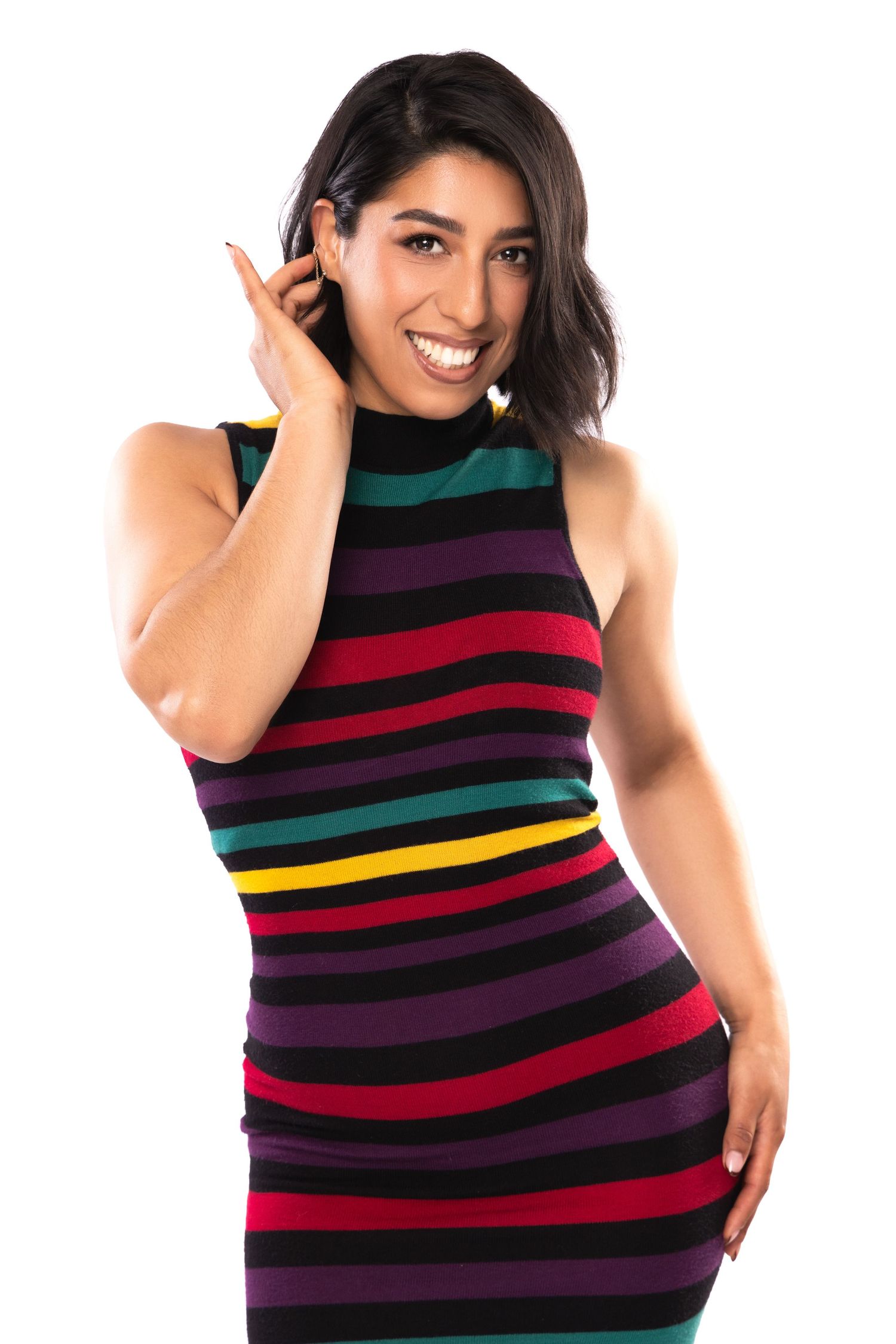 A striped sleeveless sweater dress in vibrant rainbow colors shown from three different angles.