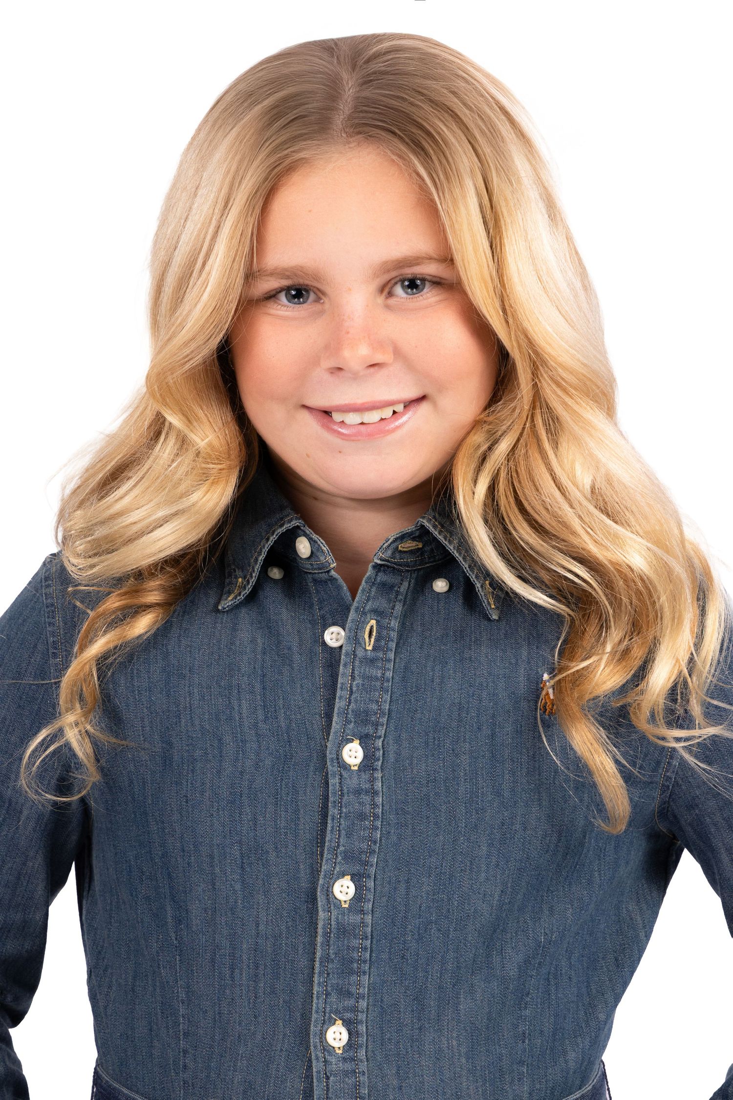Four headshots of a young person with blonde wavy hair wearing a denim shirt against a white background.