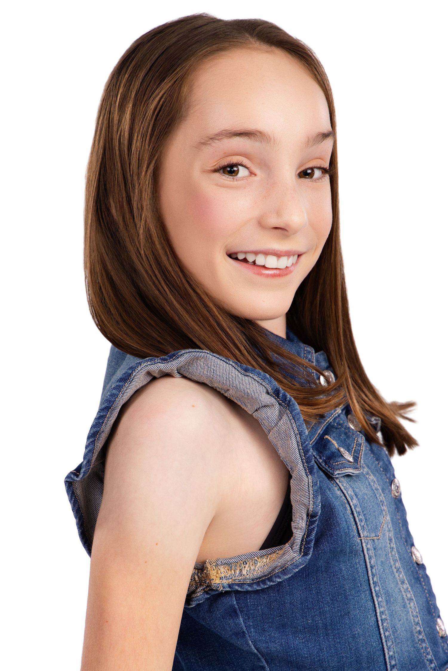 Young person wearing denim vest smiling and posing in multiple angles against white background.