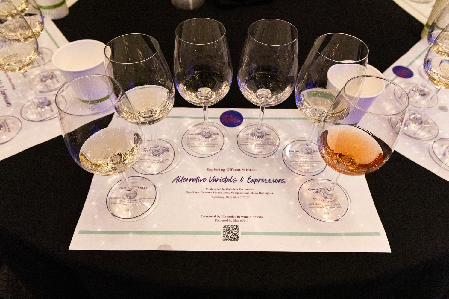 Empty wine glasses arranged in rows on a white tablecloth with tasting notes and placecards.