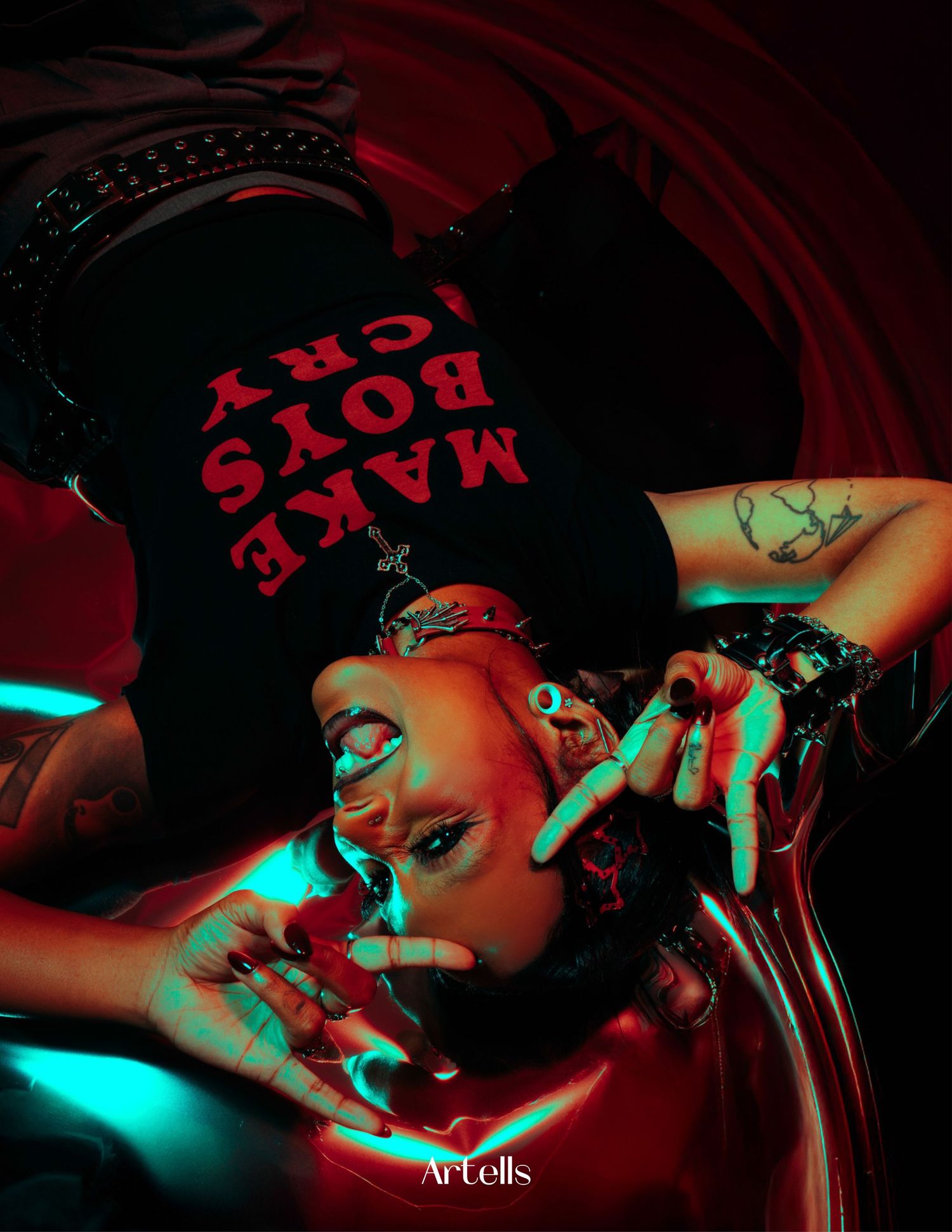 Artistic portraits with neon lighting effects creating a moody atmosphere against dark backgrounds.