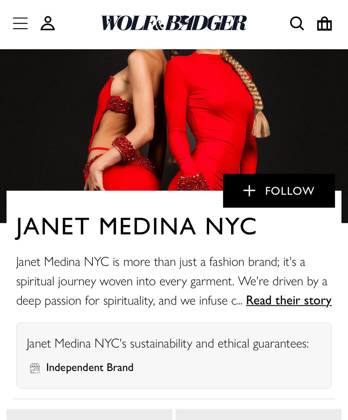 Two women in elegant red dresses pose for Janet Medina NYC fashion brand on Wolf & Badger marketplace.