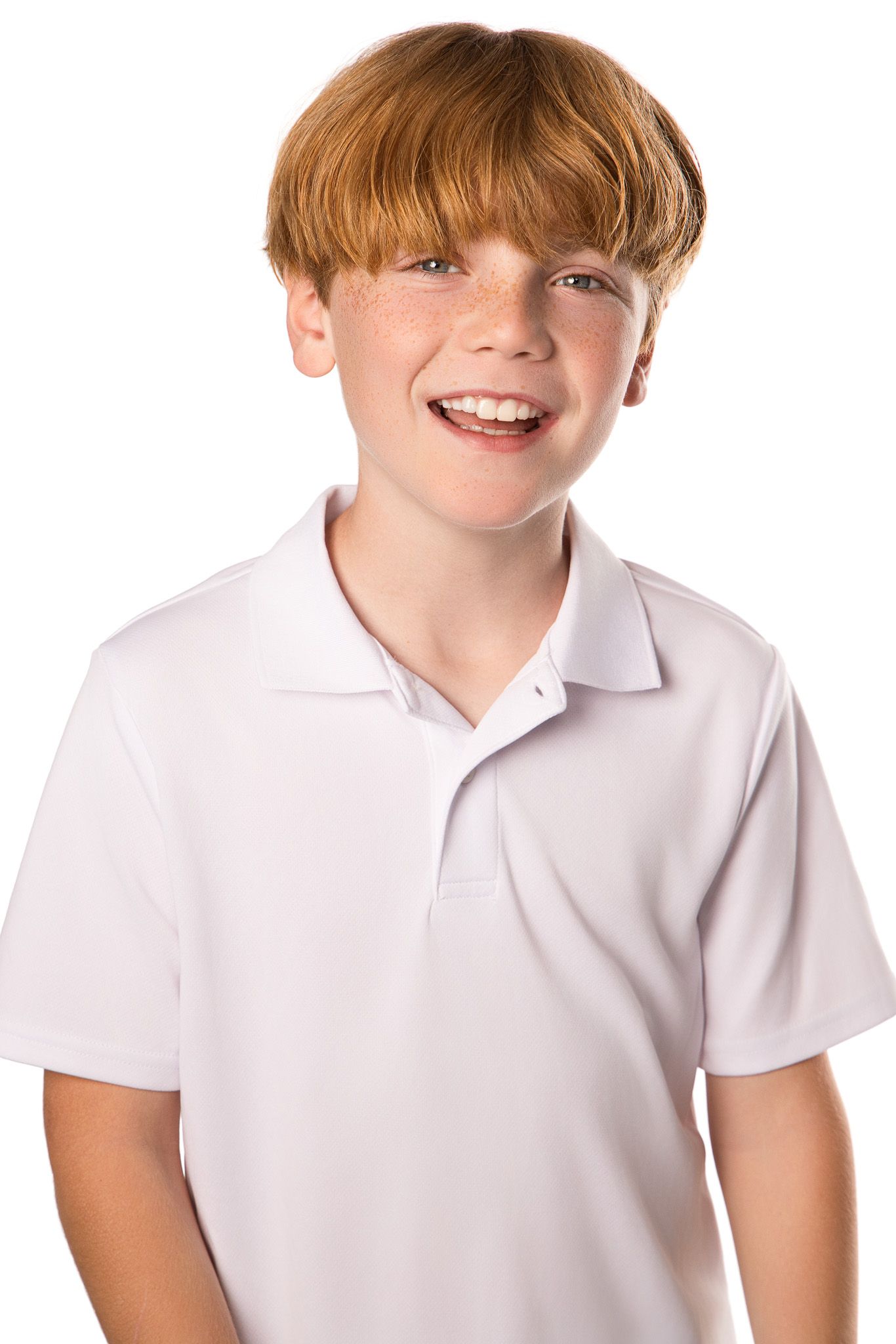 Three views of a young student in white polo shirt against white background showing different expressions.