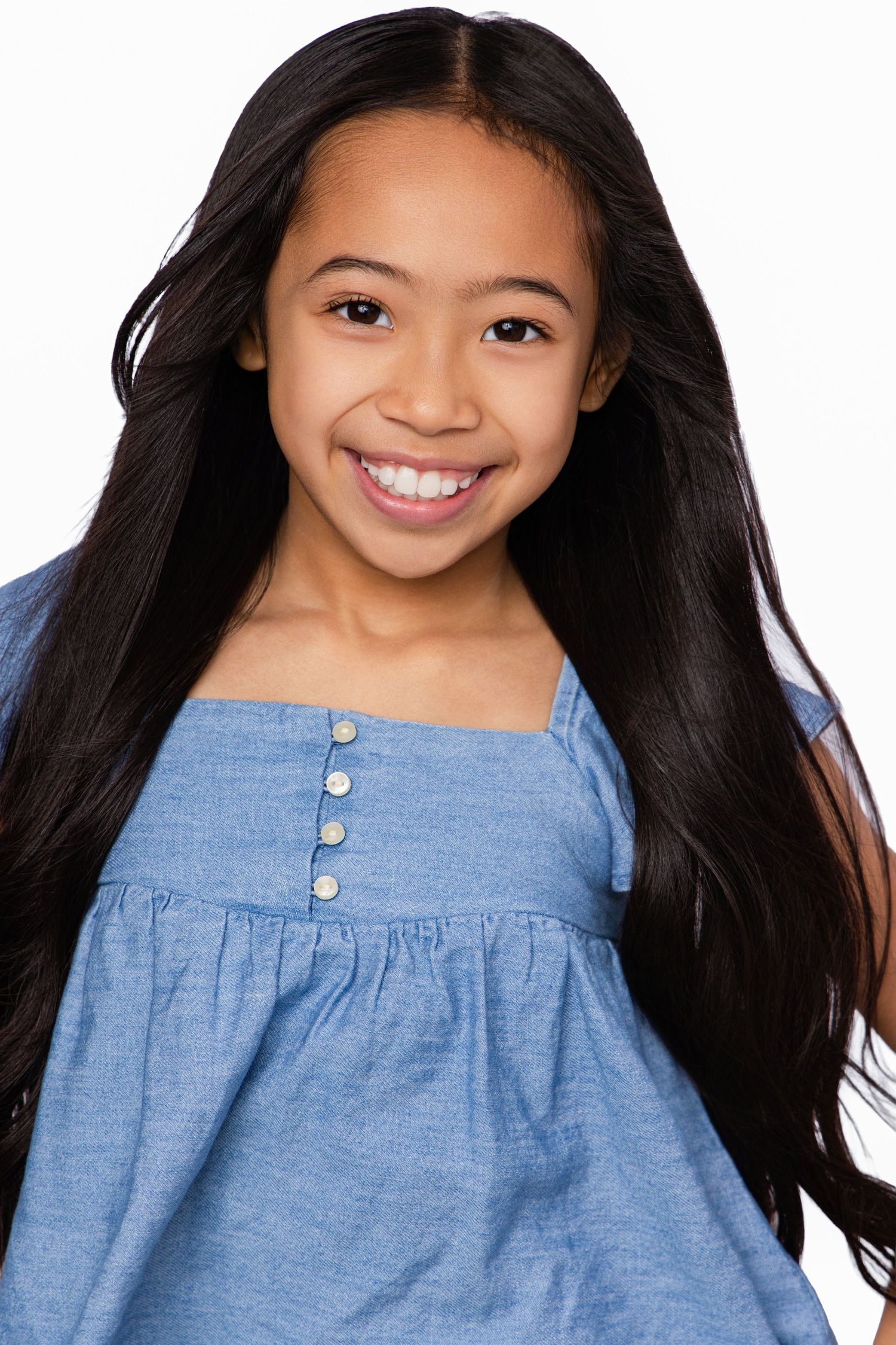 A series of four photos showing someone in a blue denim top with buttons, smiling against a white background.