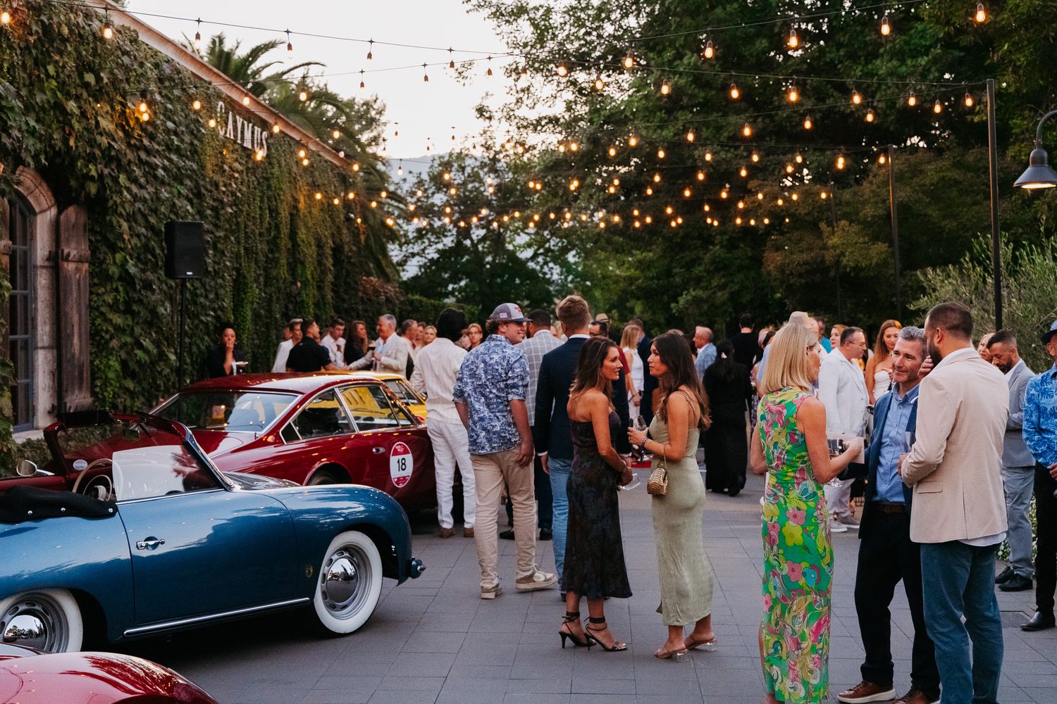 Outdoor evening party venue with string lights and classic cars creating a festive atmosphere.