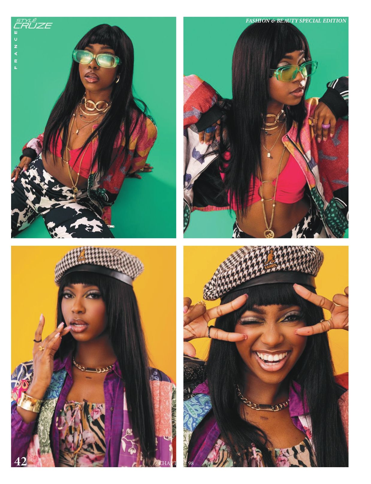 Colorful fashion portraits against green and yellow backgrounds featuring playful poses and accessories.