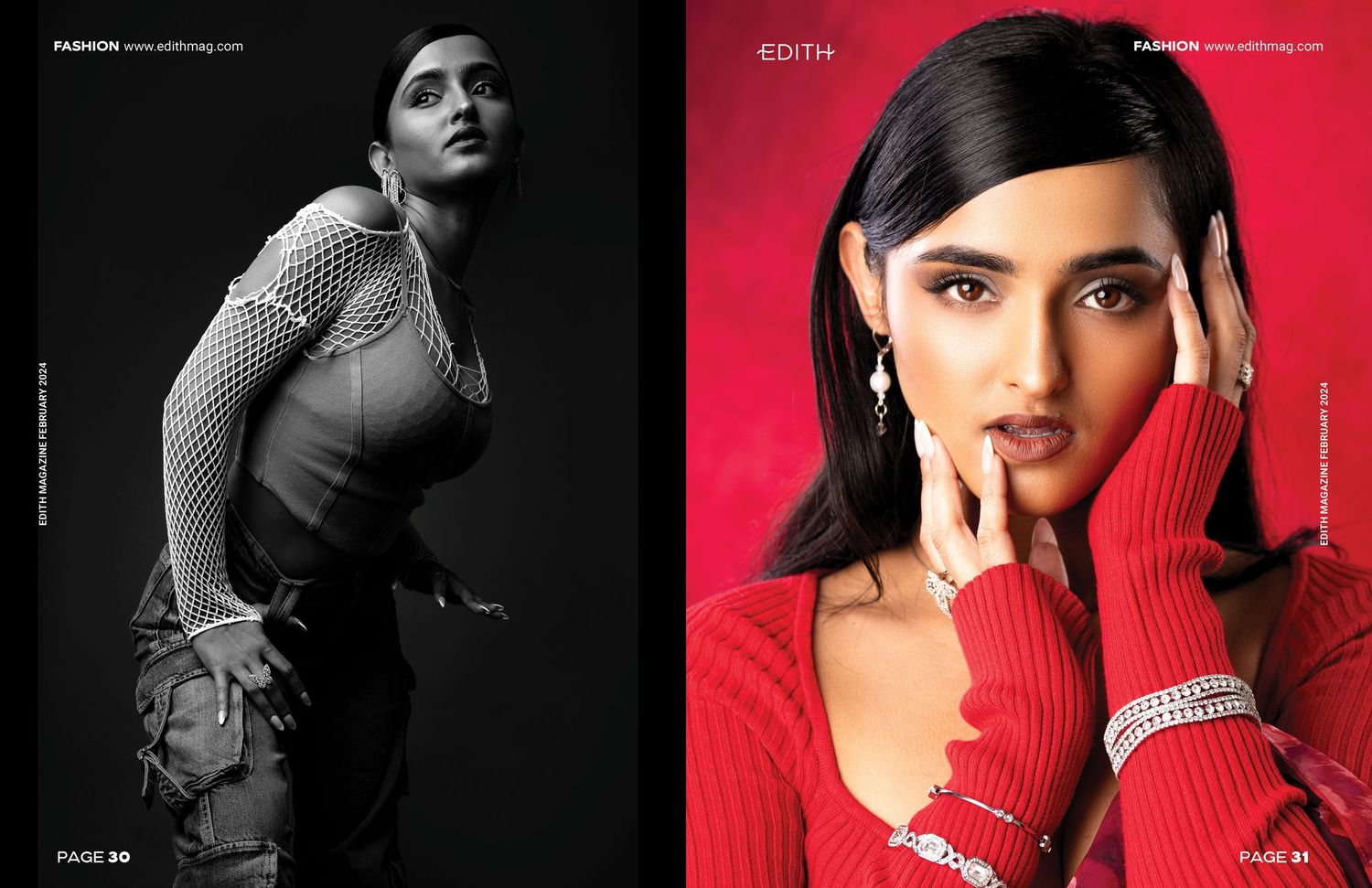 Artistic fashion portraits alternating between dark shadows and vibrant red backgrounds with dramatic lighting.