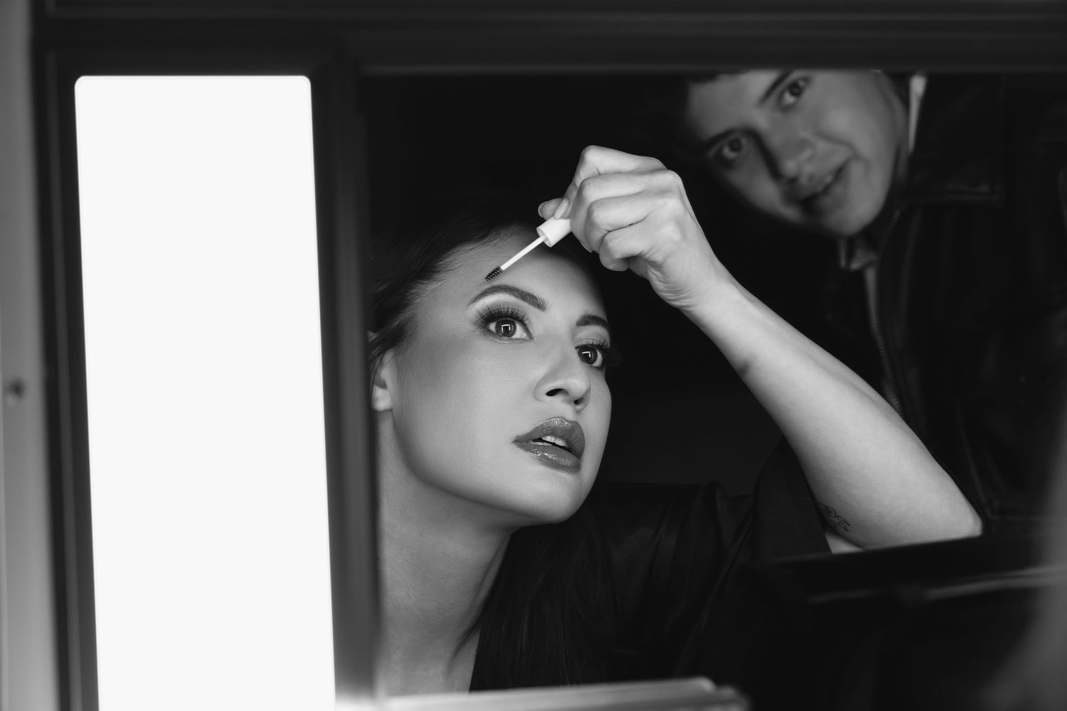 Black and white portraits show dramatic close-up shots with artistic lighting and makeup.