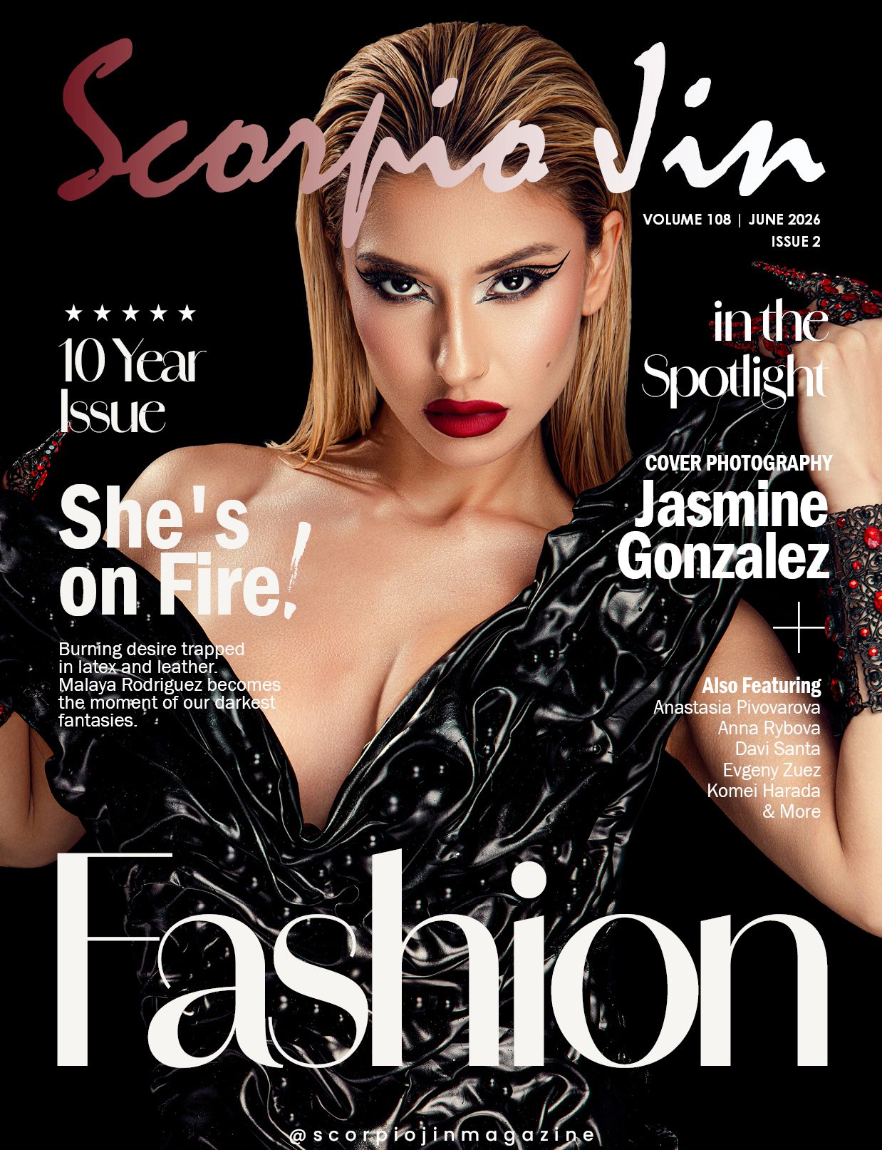 Scorpio Jin magazine June 2024 cover featuring Jasmine Gonzalez in a black leather outfit, bold fashion editorial style.