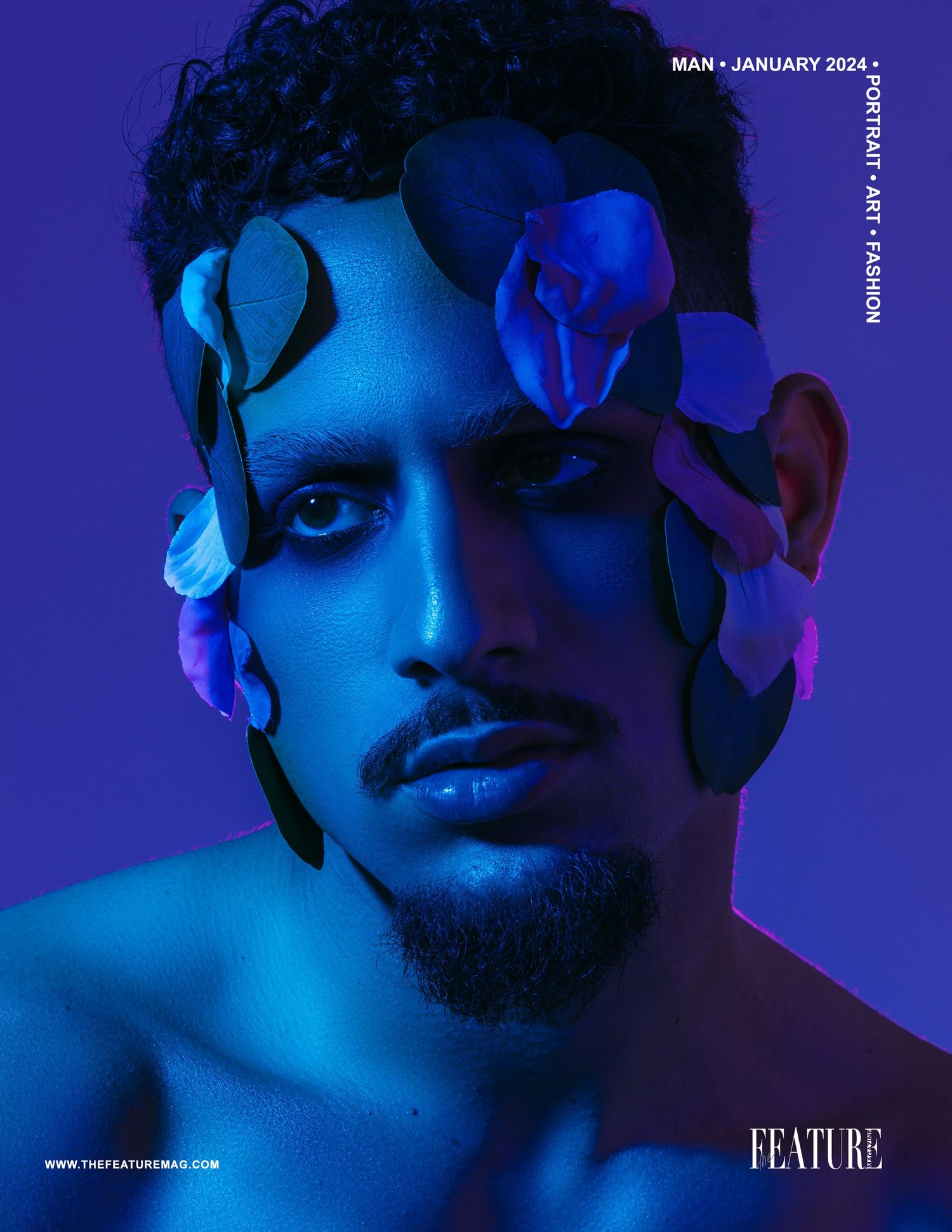 Portrait editorial photography with dramatic blue lighting against dark background for fashion magazine's New Era feature.