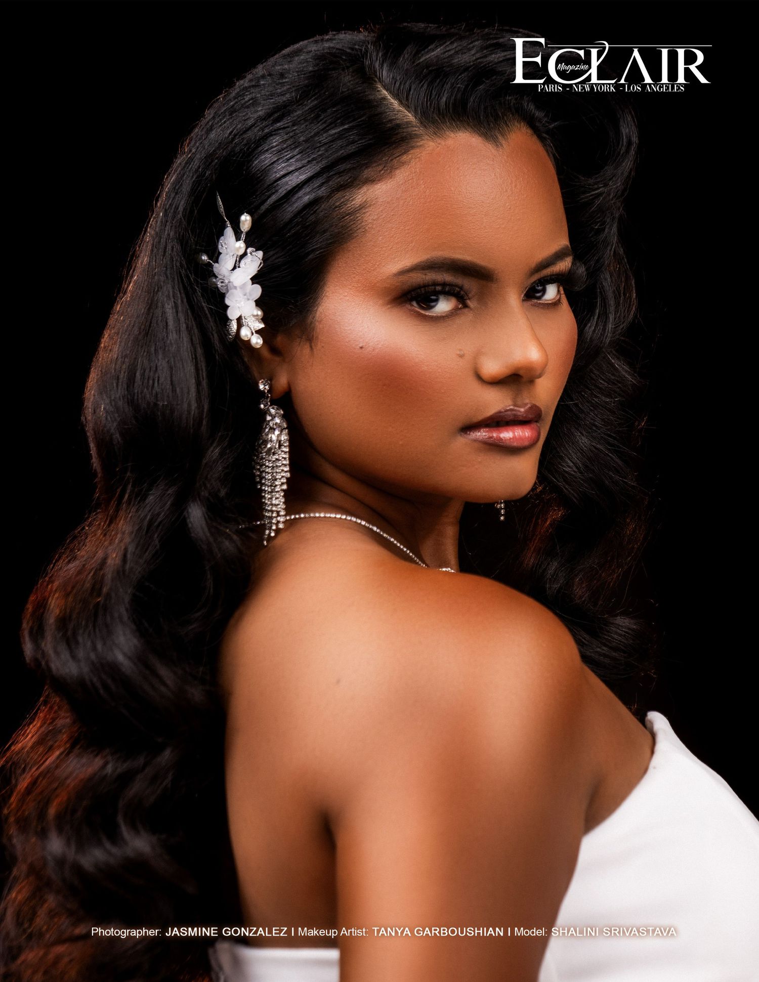A dramatic fashion photo series featuring elegant poses in a bridal setting with sparkling jewelry and a white dress.