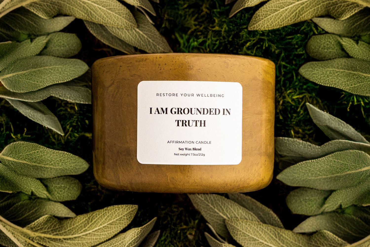 A brown soap bar with text 'I am grounded in truth' placed on green leaves background.
