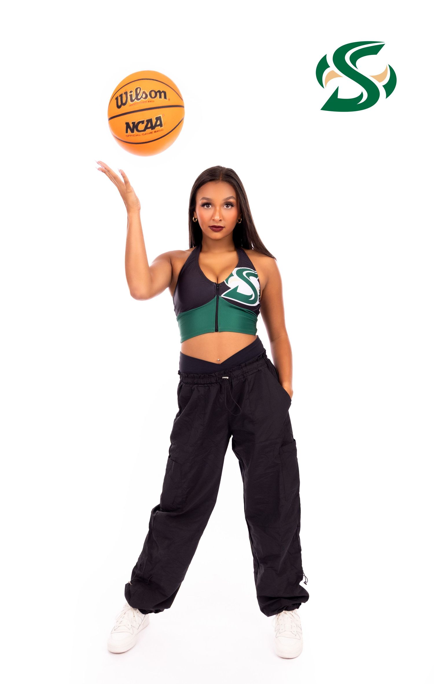 Sequence of dynamic dance poses in casual sportswear with basketball props against white background.