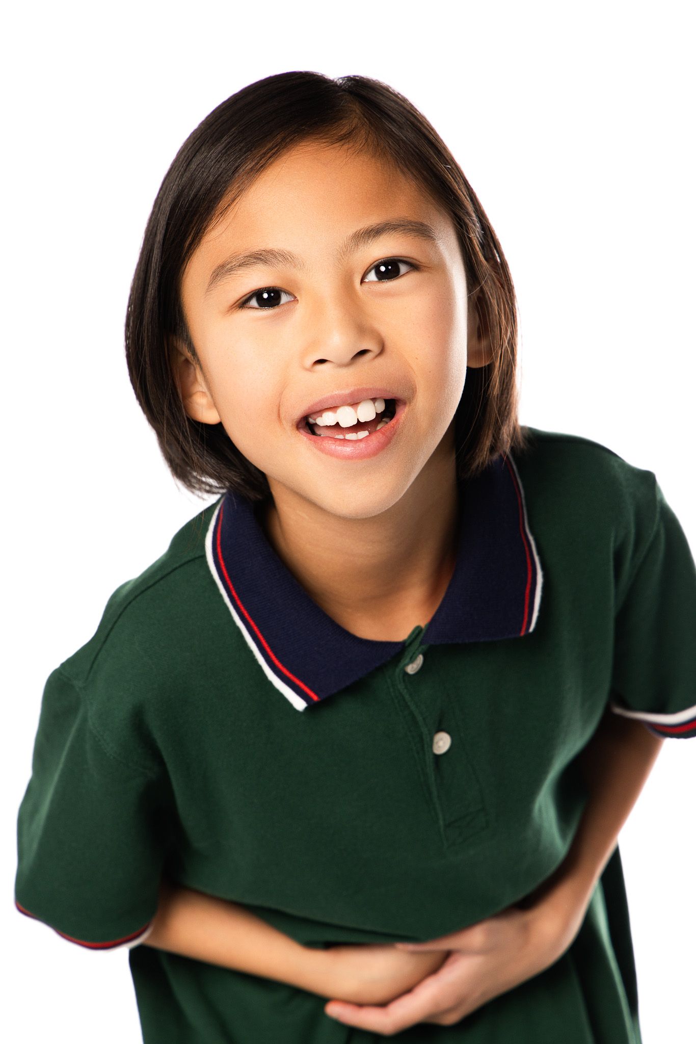 Three poses of a student in green polo uniform showing playful expressions against white background.