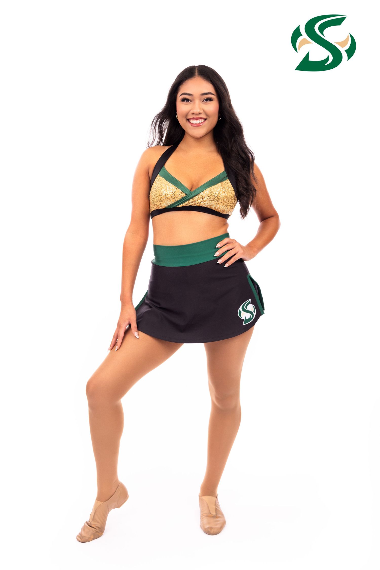 Two-piece sporty swimwear set in green and black shown from different angles on a white background.