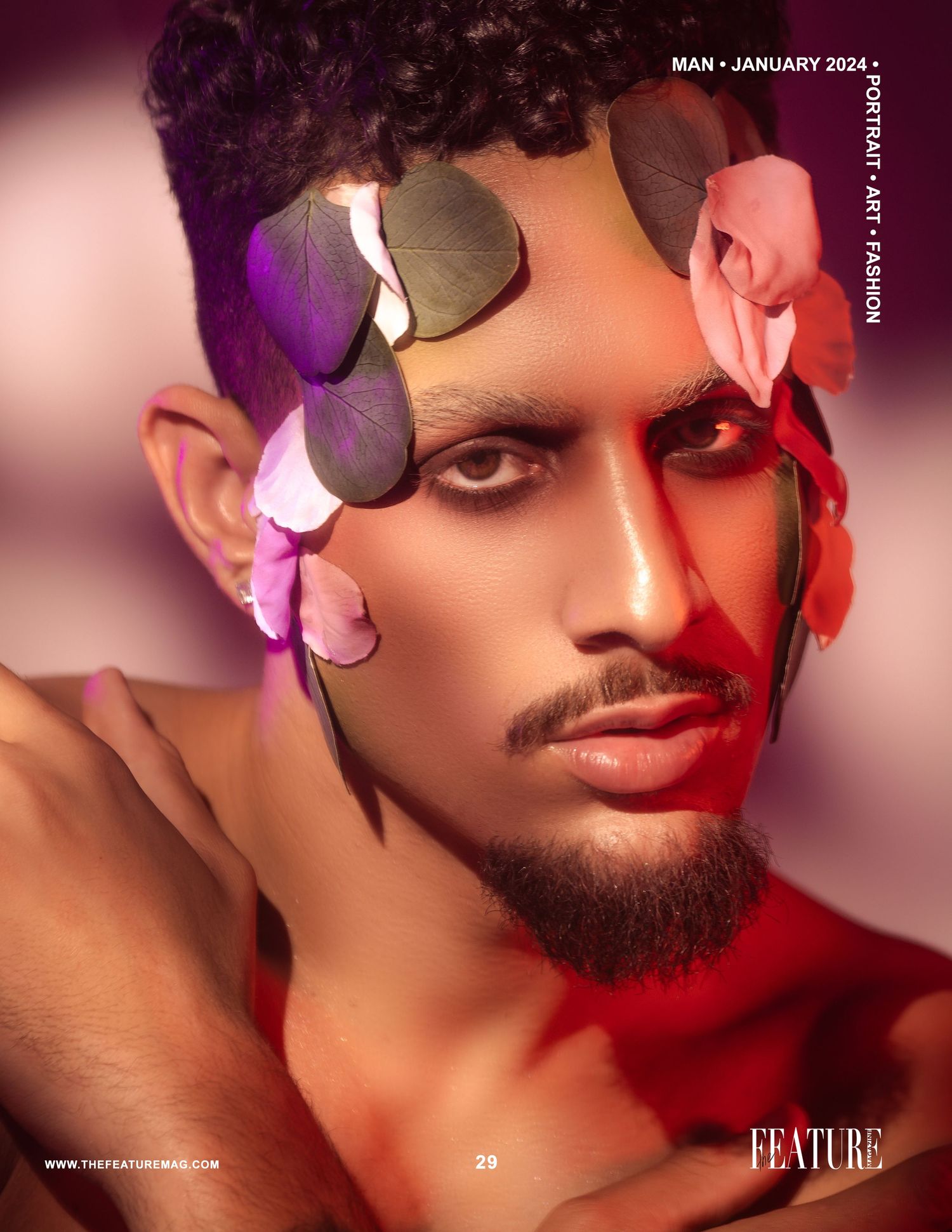 Close-up fashion portrait with dramatic red and purple lighting featuring butterfly accessories.