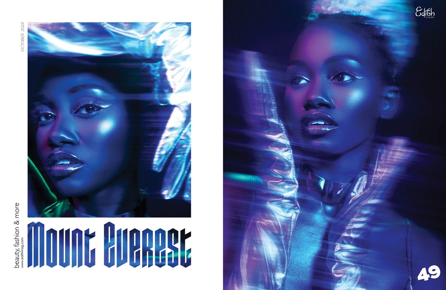 Dynamic fashion portraits with neon blue lighting effects and Mount Buenzee text overlay.