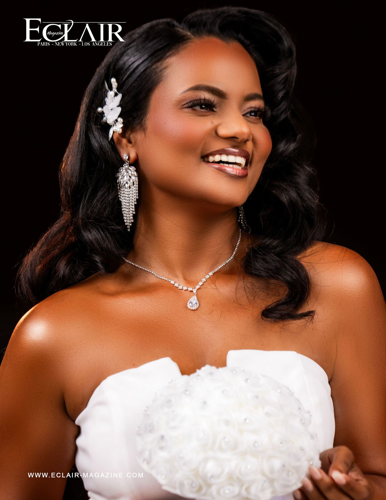 A bride in a white strapless dress wearing elegant pearl necklace and earrings poses for a series of glamour portraits.