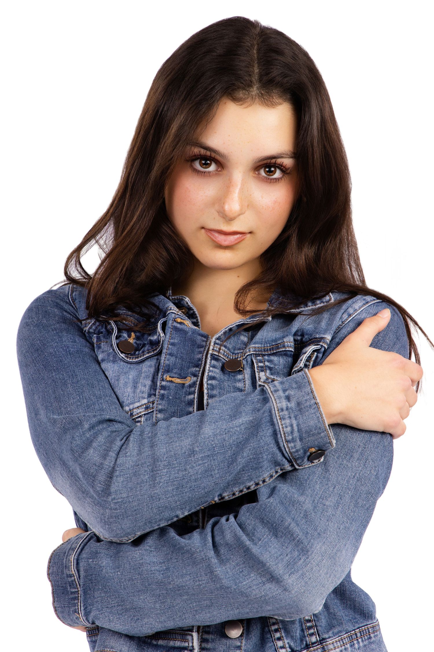 Five poses of a person wearing a denim jacket against a white background.