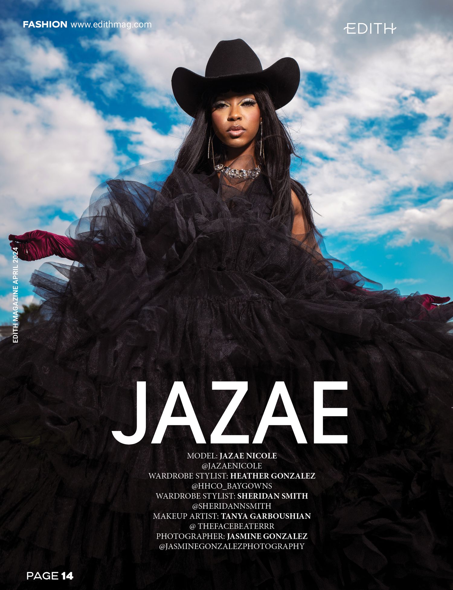 Dramatic fashion magazine cover featuring black tulle gown and cowboy hat.