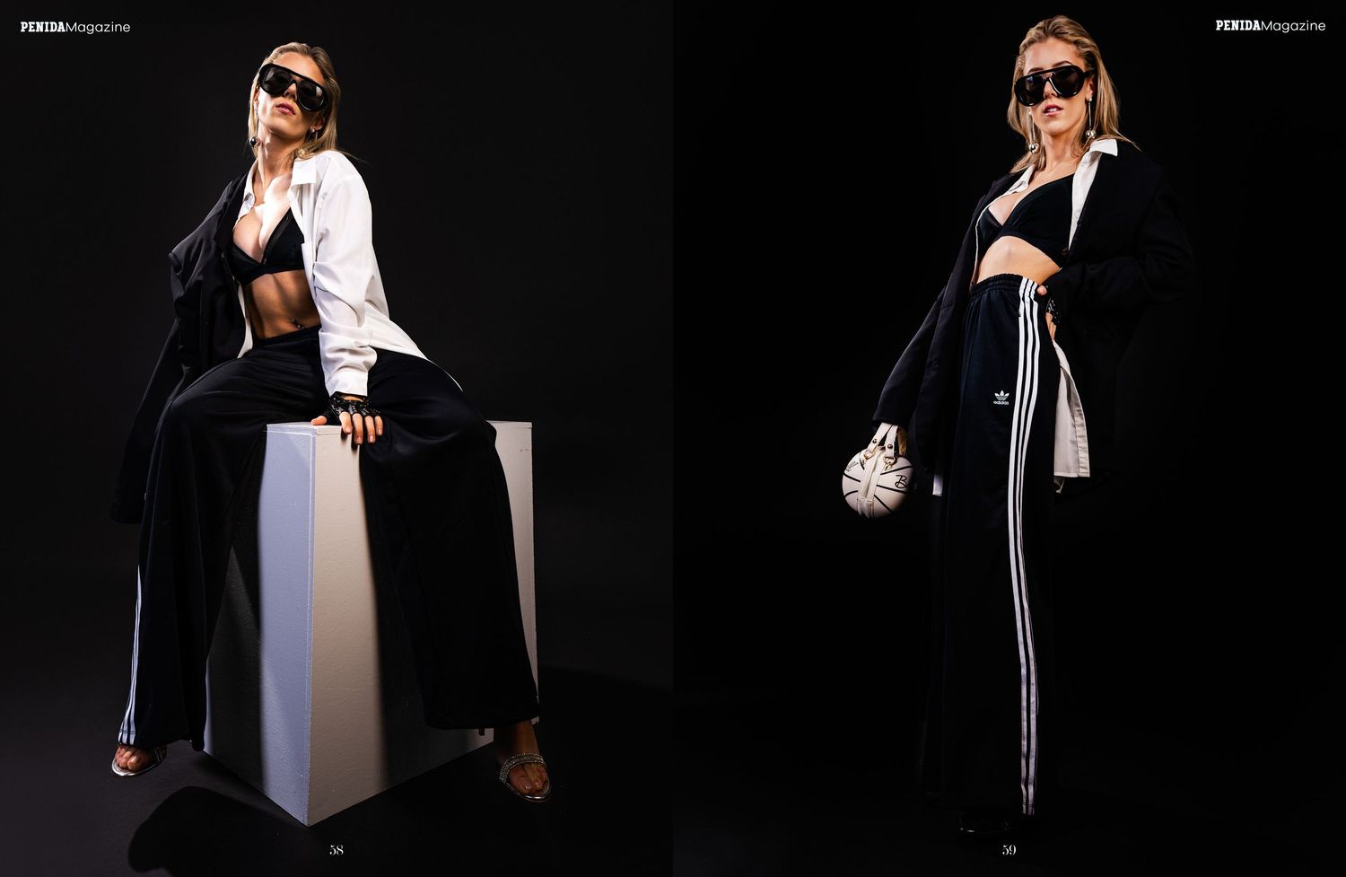 Stylish photoshoot series with model in black outfit posing with white cube against dark background.