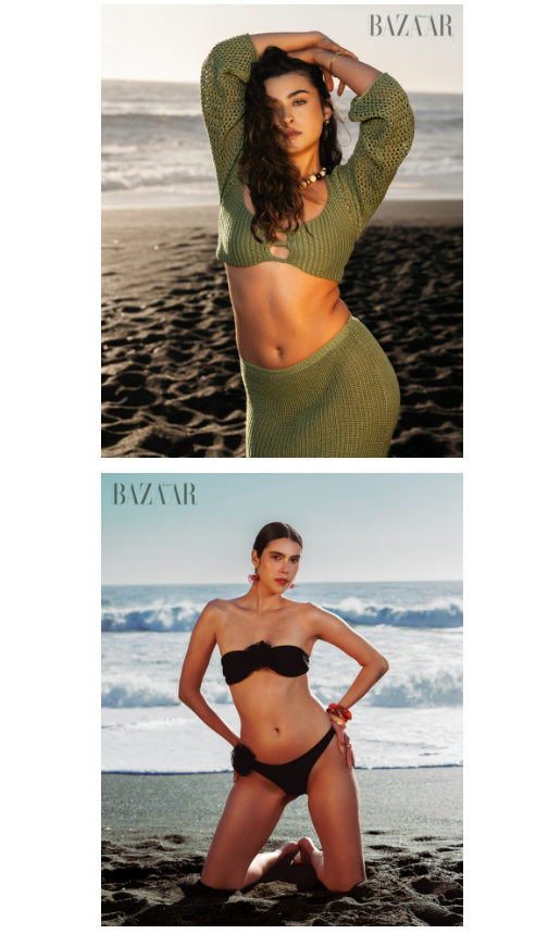 Two Harper's Bazaar beach photoshoot images featuring a model in green knit outfit and black bandeau bikini on sandy shore.