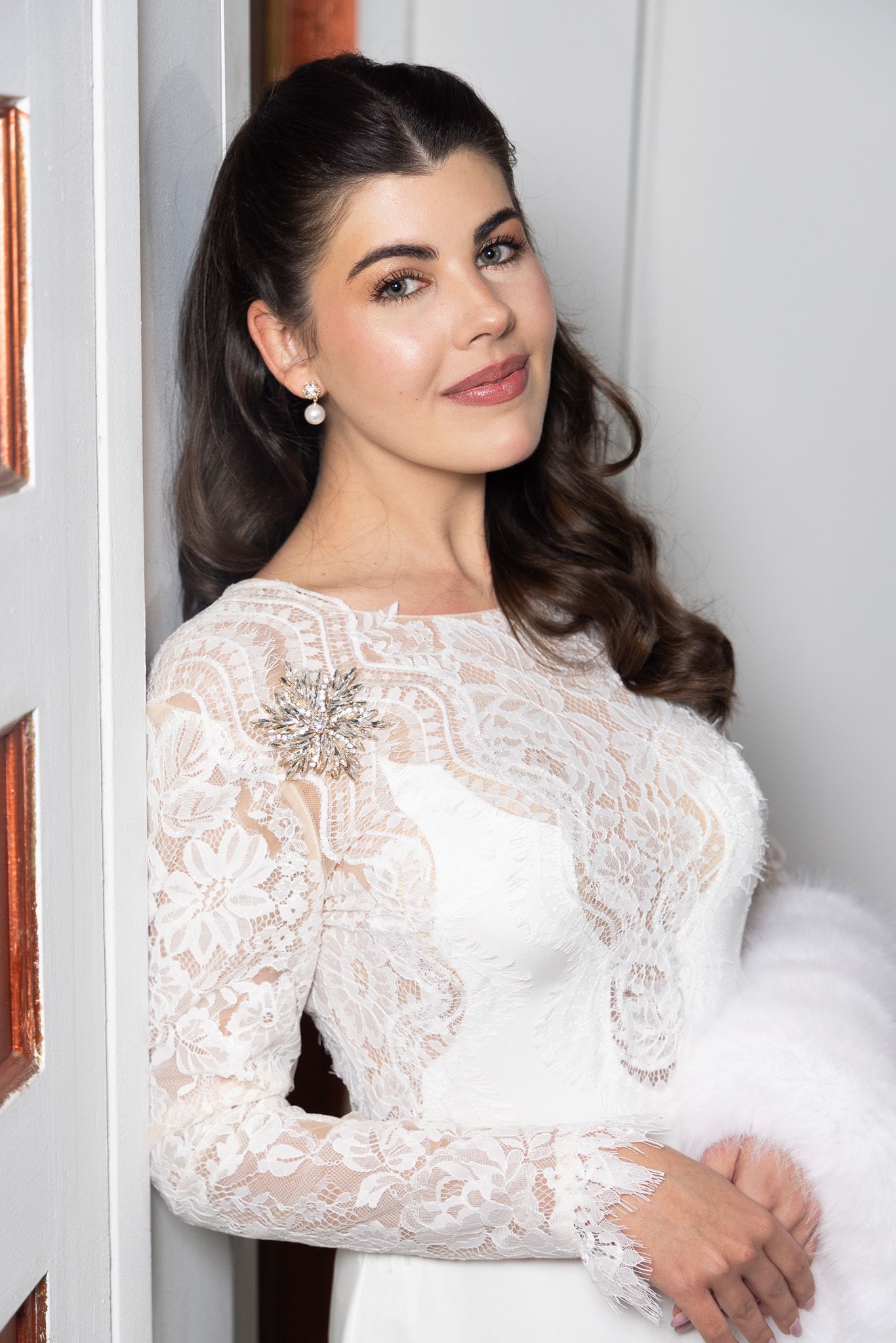 A series of elegant portraits featuring a white lace long-sleeved dress against a light background.