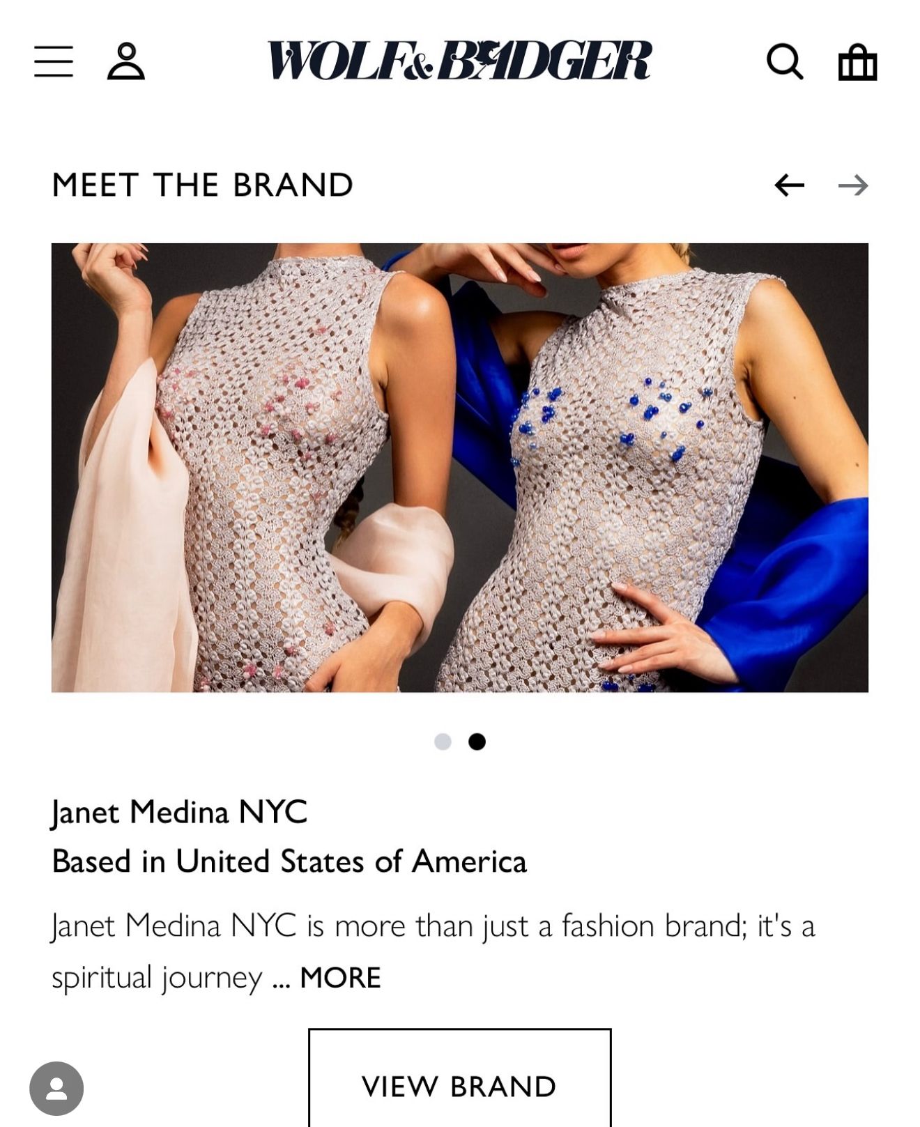 Two models wearing intricate beaded mesh tops by Janet Medina NYC on Wolf & Badger fashion platform.