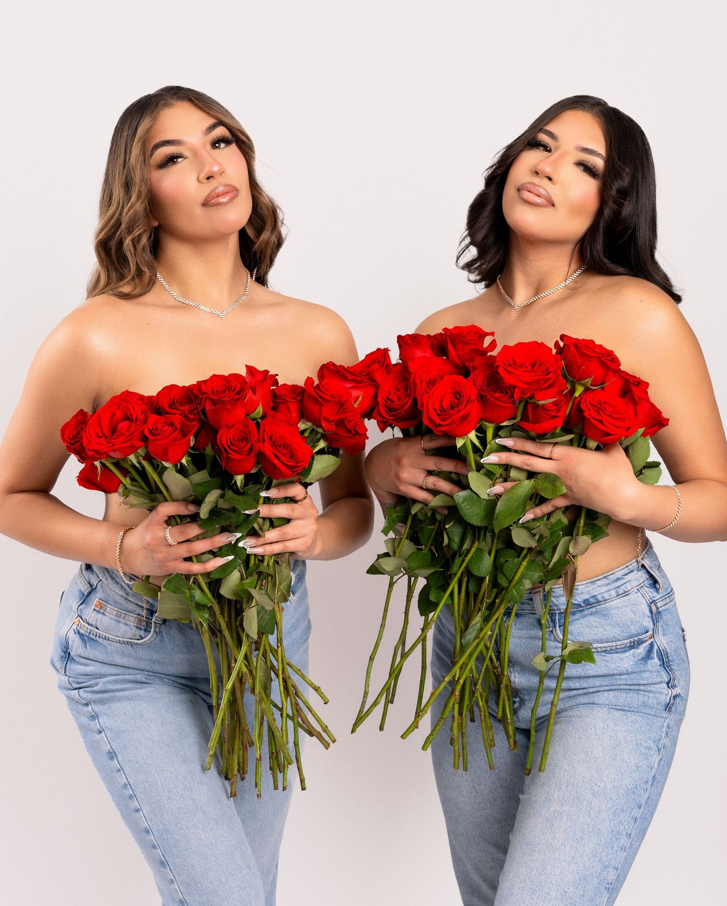 Woman in strapless top and jeans poses with long stem red roses in multiple glamorous poses against white background.