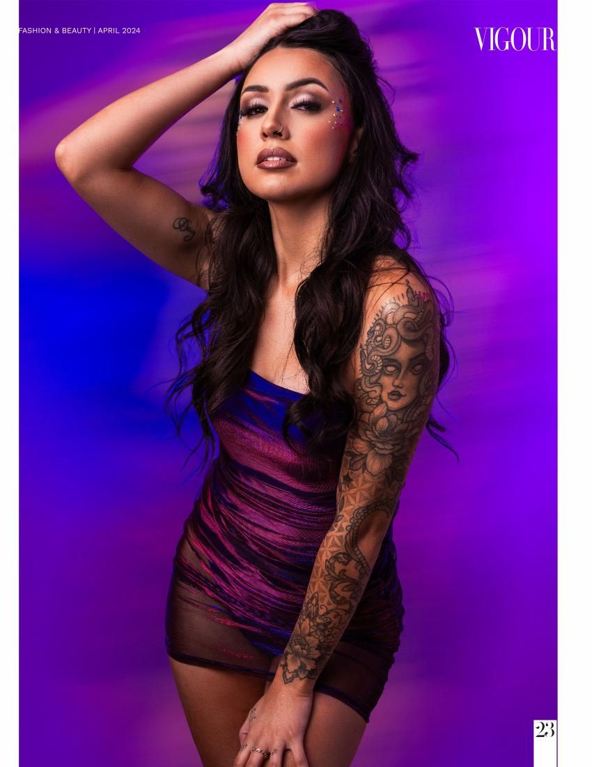 Fashion photography series featuring purple and blue lighting effects with artistic poses.