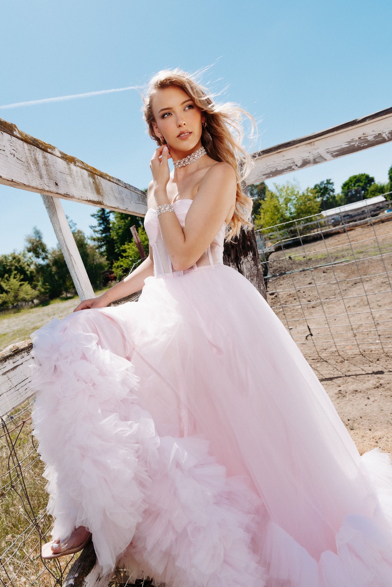 Model wearing flowing pink tulle ballgown poses dramatically in outdoor rustic setting with natural sunlight.