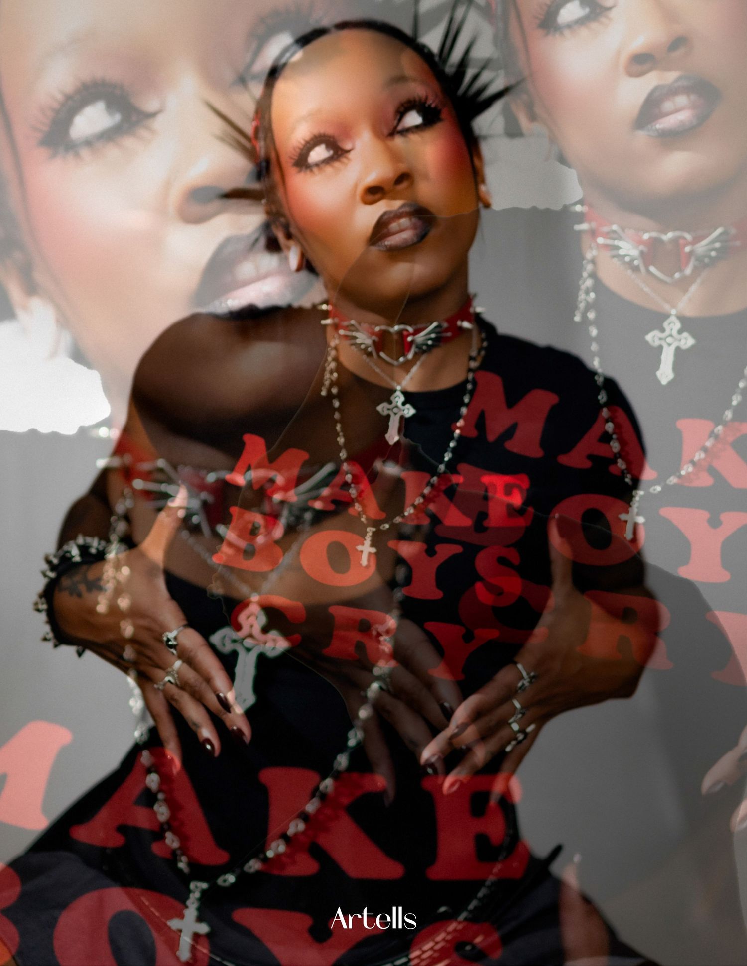 Glamour portrait series with sparkling jewelry and dramatic makeup in black and white with red accents.