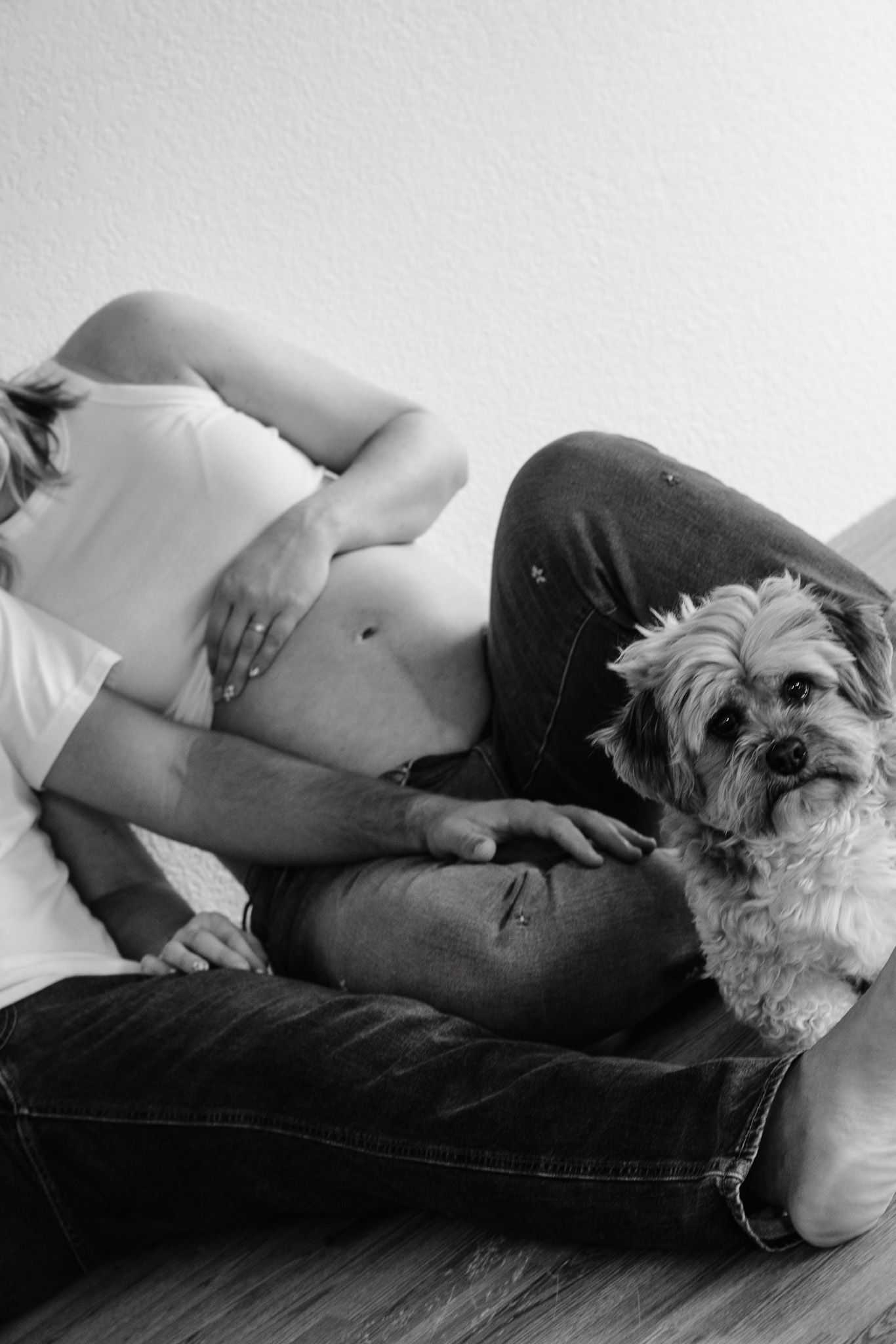 A black and white photo series shows someone reclining on a couch with a small shaggy dog beside them.