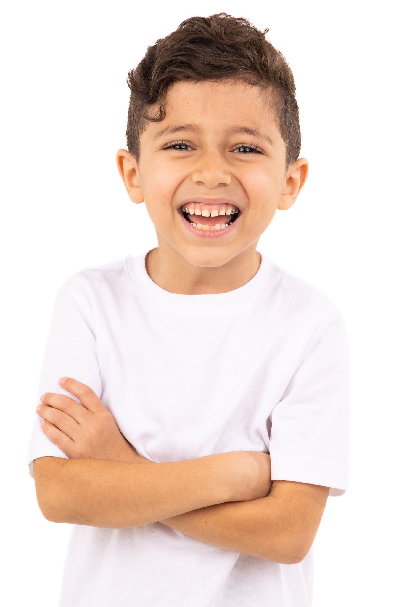 Three cropped photos showing a child in a white t-shirt expressing joyful emotions.