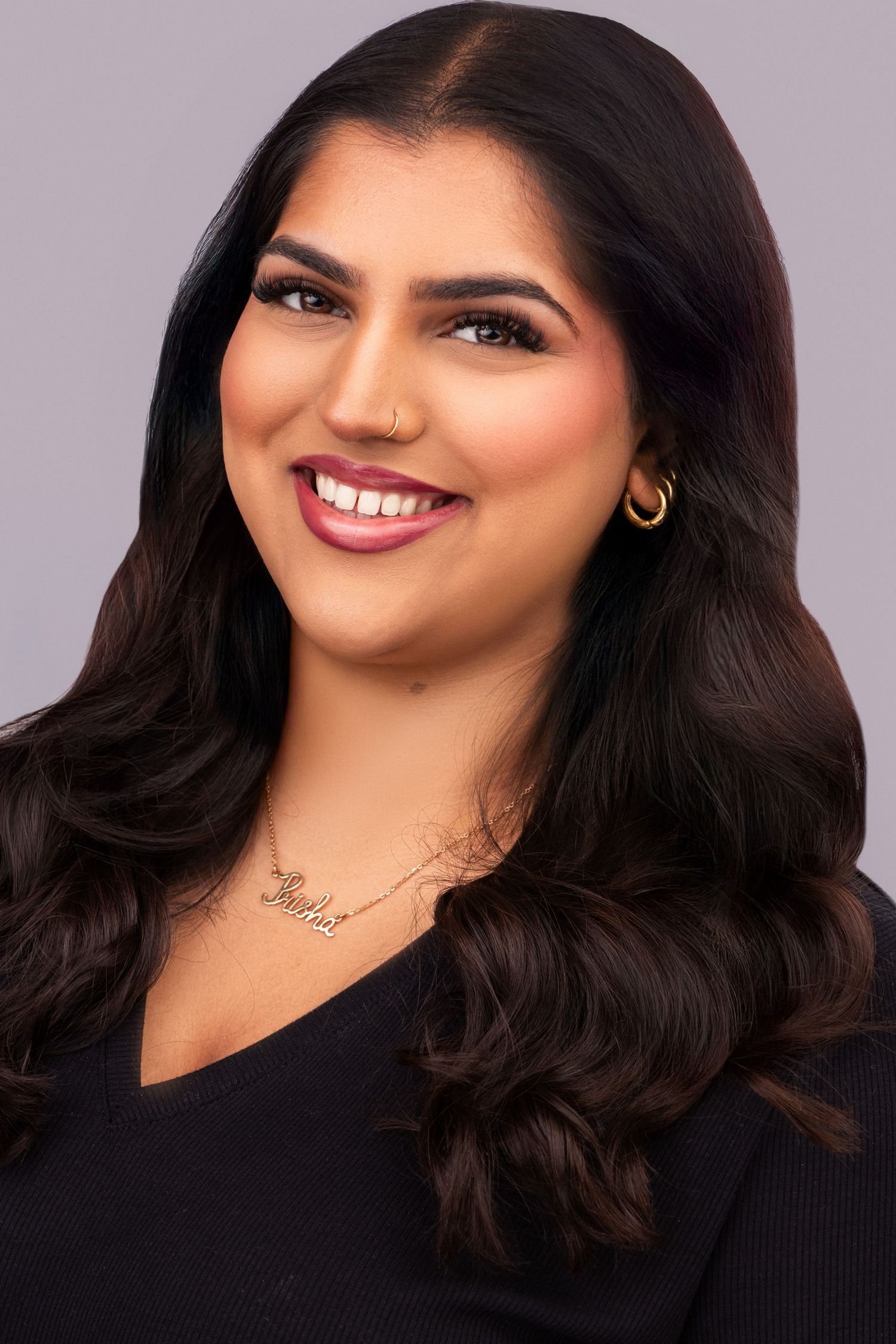 Professional headshot series showing warm smiles and dark wavy hair against neutral background.
