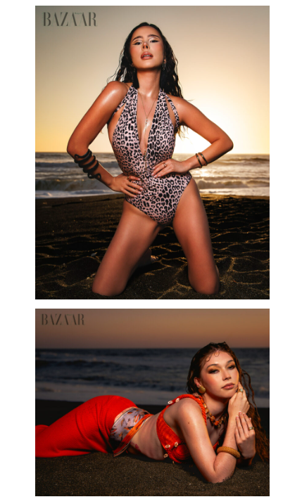Model poses on beach at sunset in leopard print swimsuit for Harper's Bazaar fashion editorial shoot.
