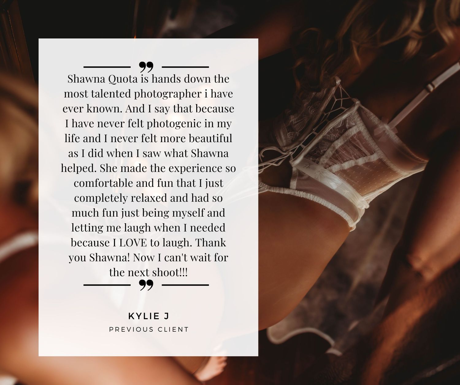 Client testimonial graphic for Shawna Quota Photography featuring a glowing five-star review from previous client Kylie J.
