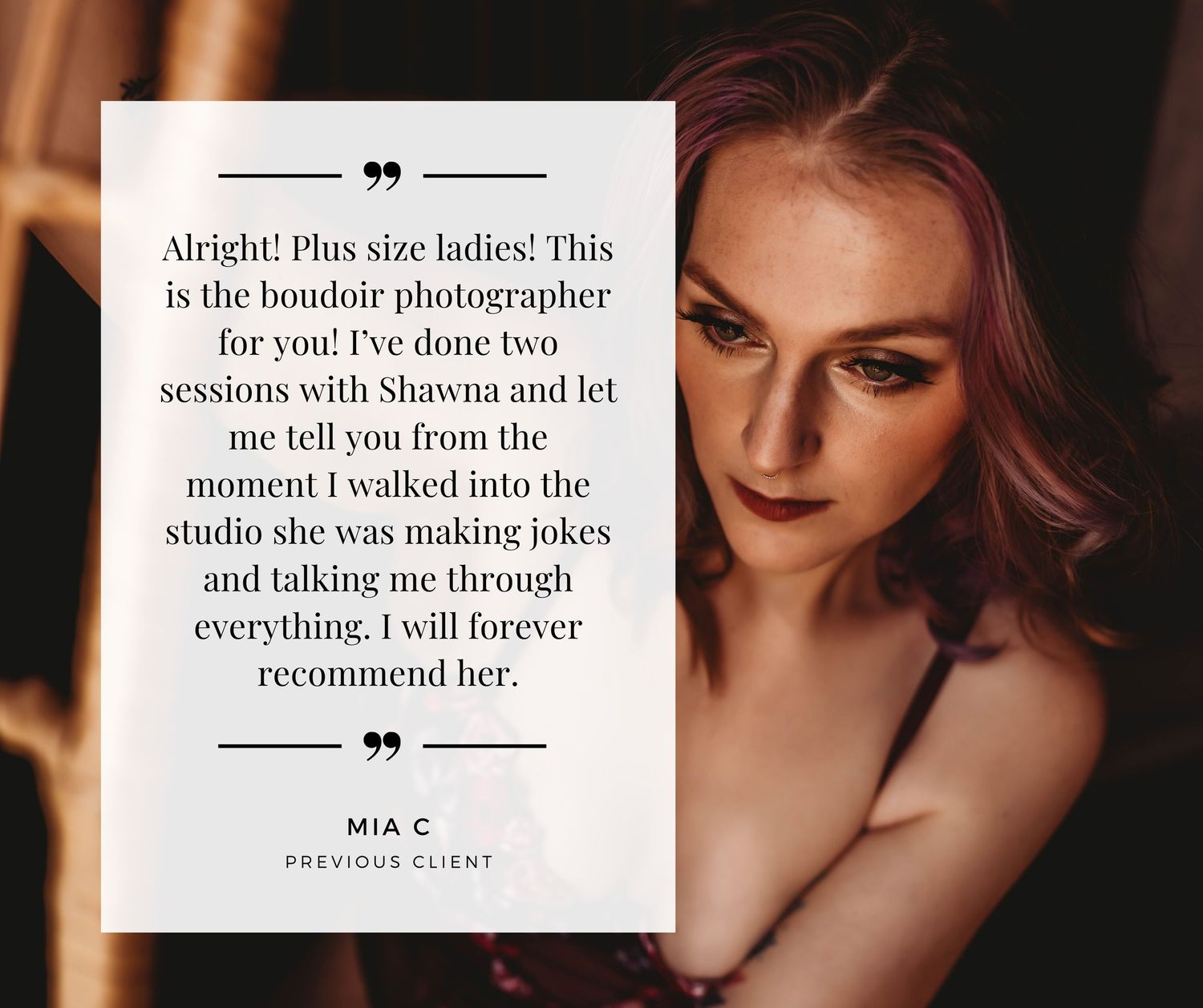 Plus size boudoir photography client testimonial featuring a glamorous woman with a glowing review from Mia C.
