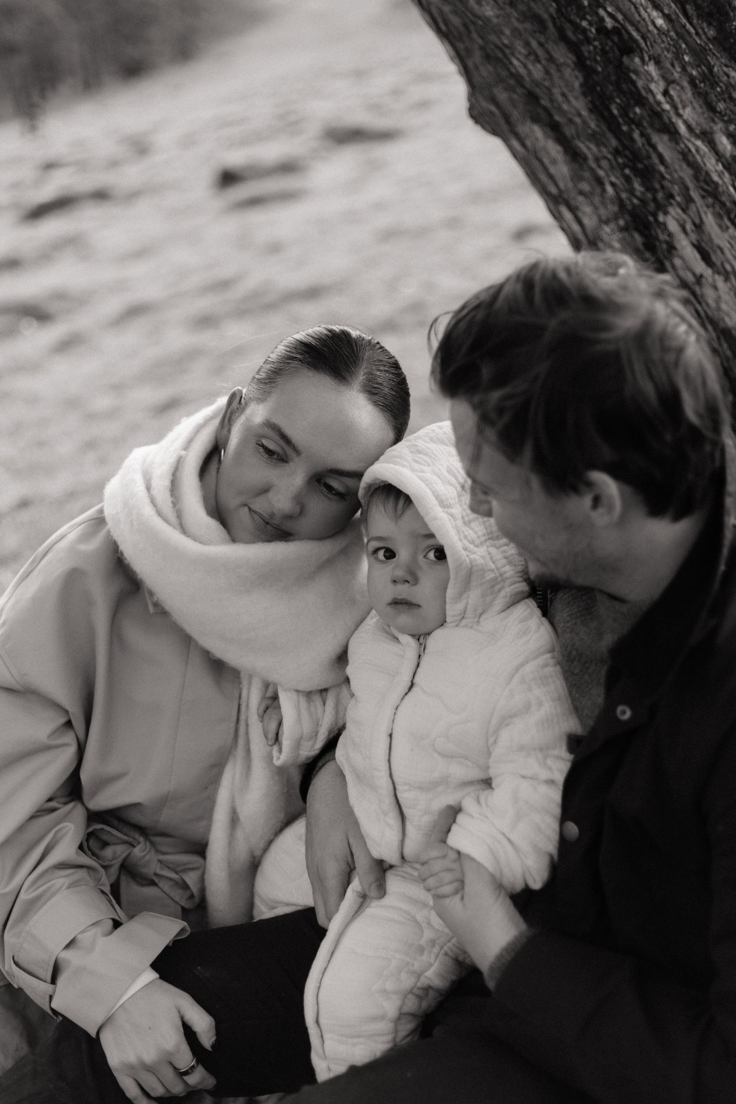 Black and white photo of a mother, father and their 14 month old son cuddled up under a tree.