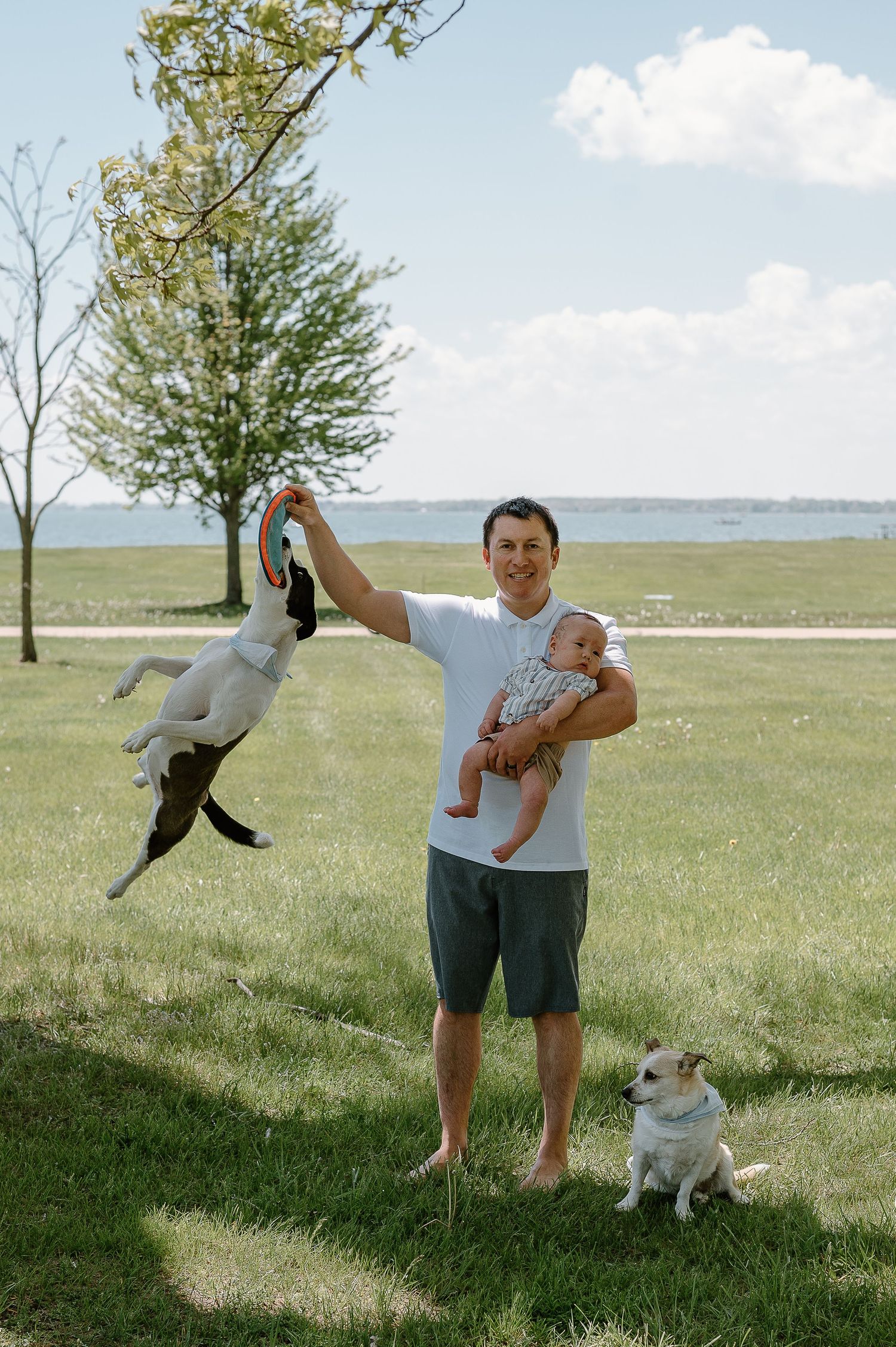 Playful outdoor family moments with dog on a sunny day in open field.