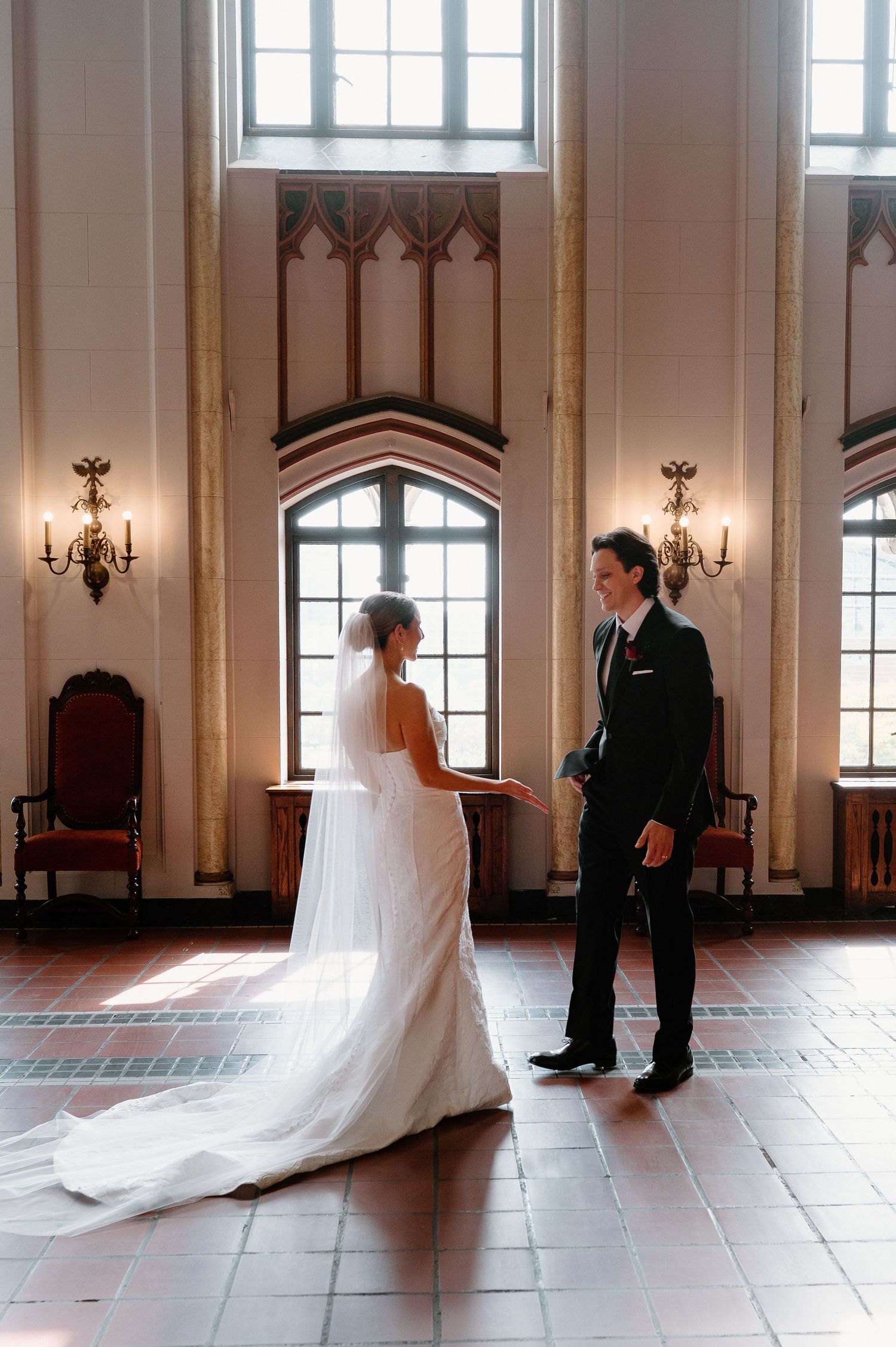 A sequence of wedding photos showing a couple in an elegant church hall with tall windows and flowing white veil.