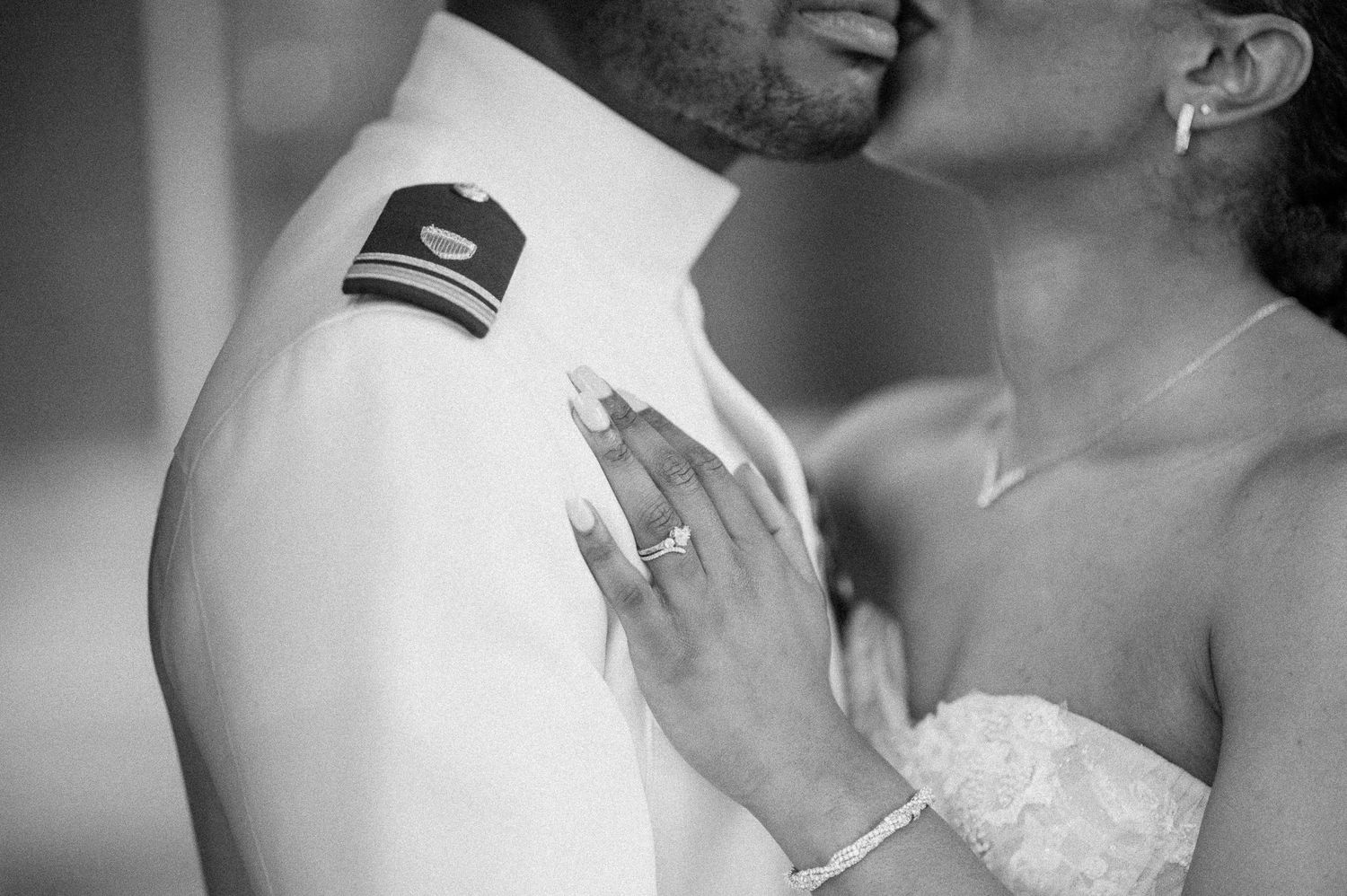 Black and white close-up wedding portraits capturing intimate moments.