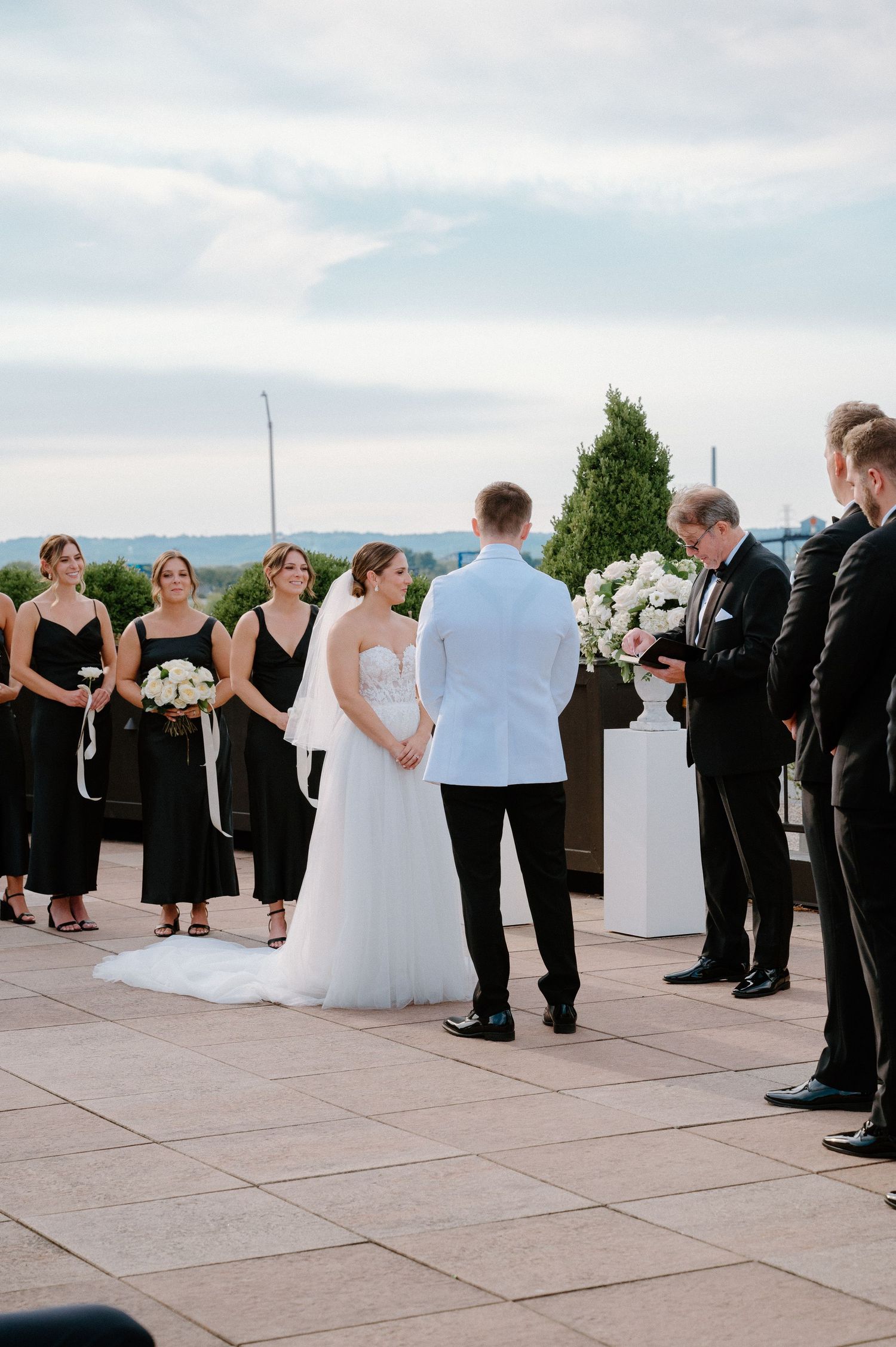 Wedding party arranged in line on rooftop terrace under cloudy sky.