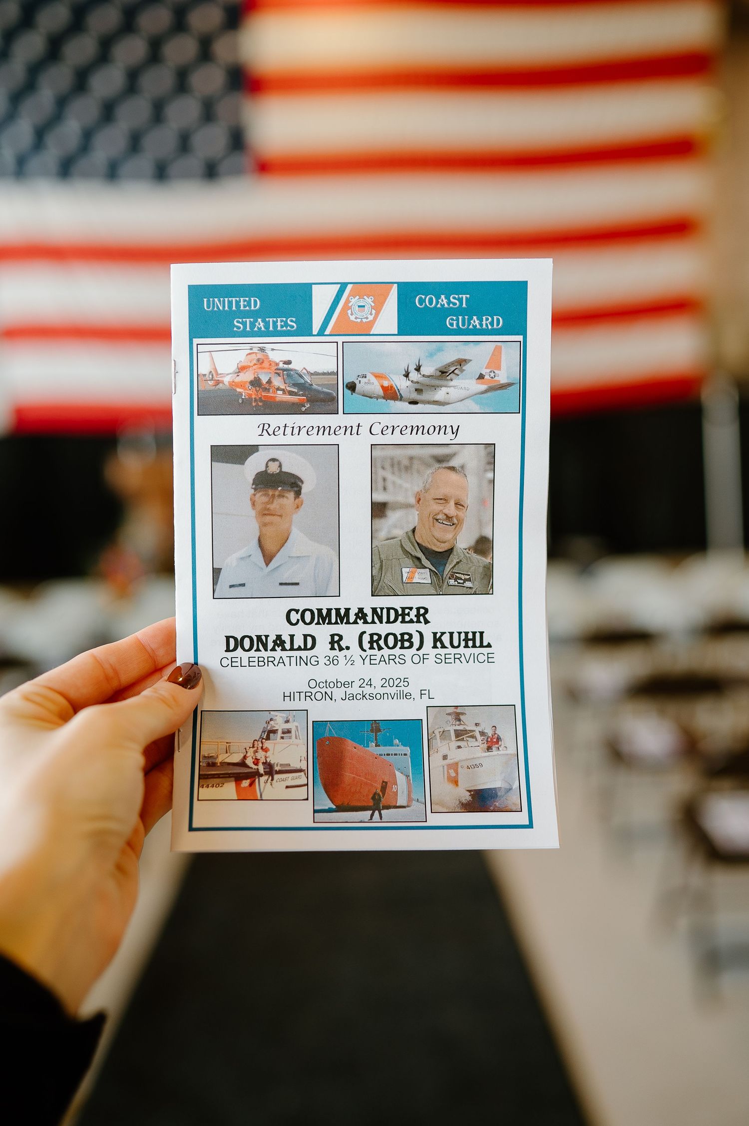 US Coast Guard retirement ceremony program for Commander Donald R. Kuhl, celebrating 36.5 years of service in Jacksonville, FL.