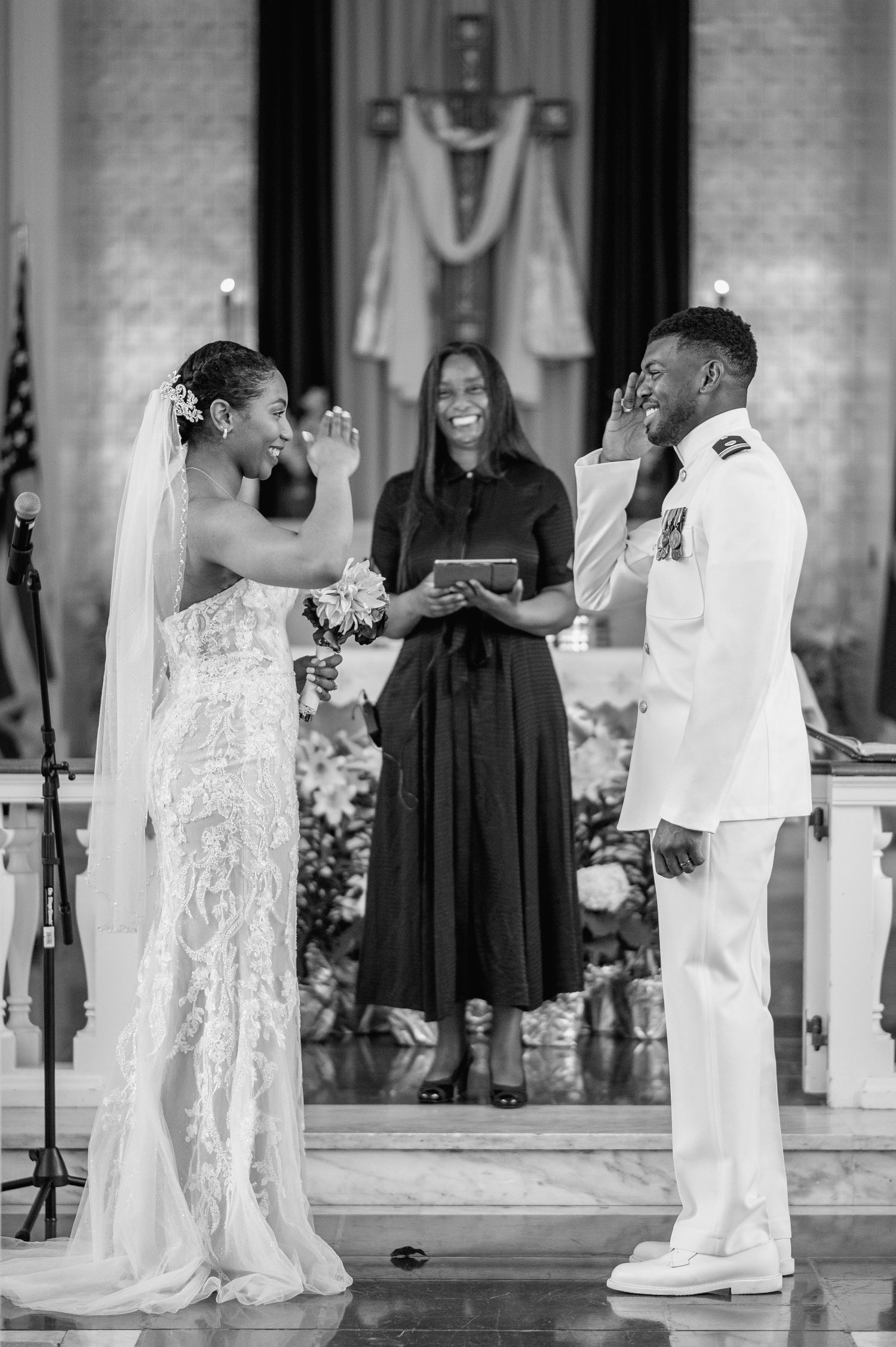 Black and white wedding ceremony photos in traditional church setting.