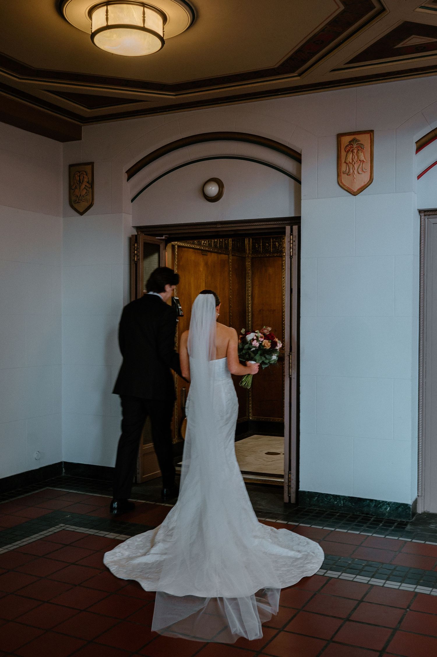 A sequence of wedding photos showing a bride in a flowing white dress with train walking through a church hallway.