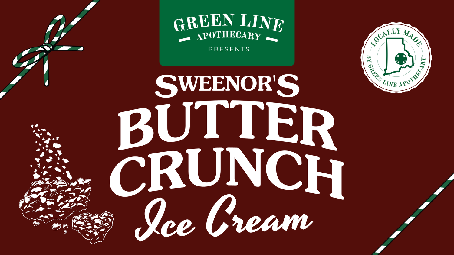A row of vintage ice cream parlor signs and logos in red and green colors displayed against a dark background.